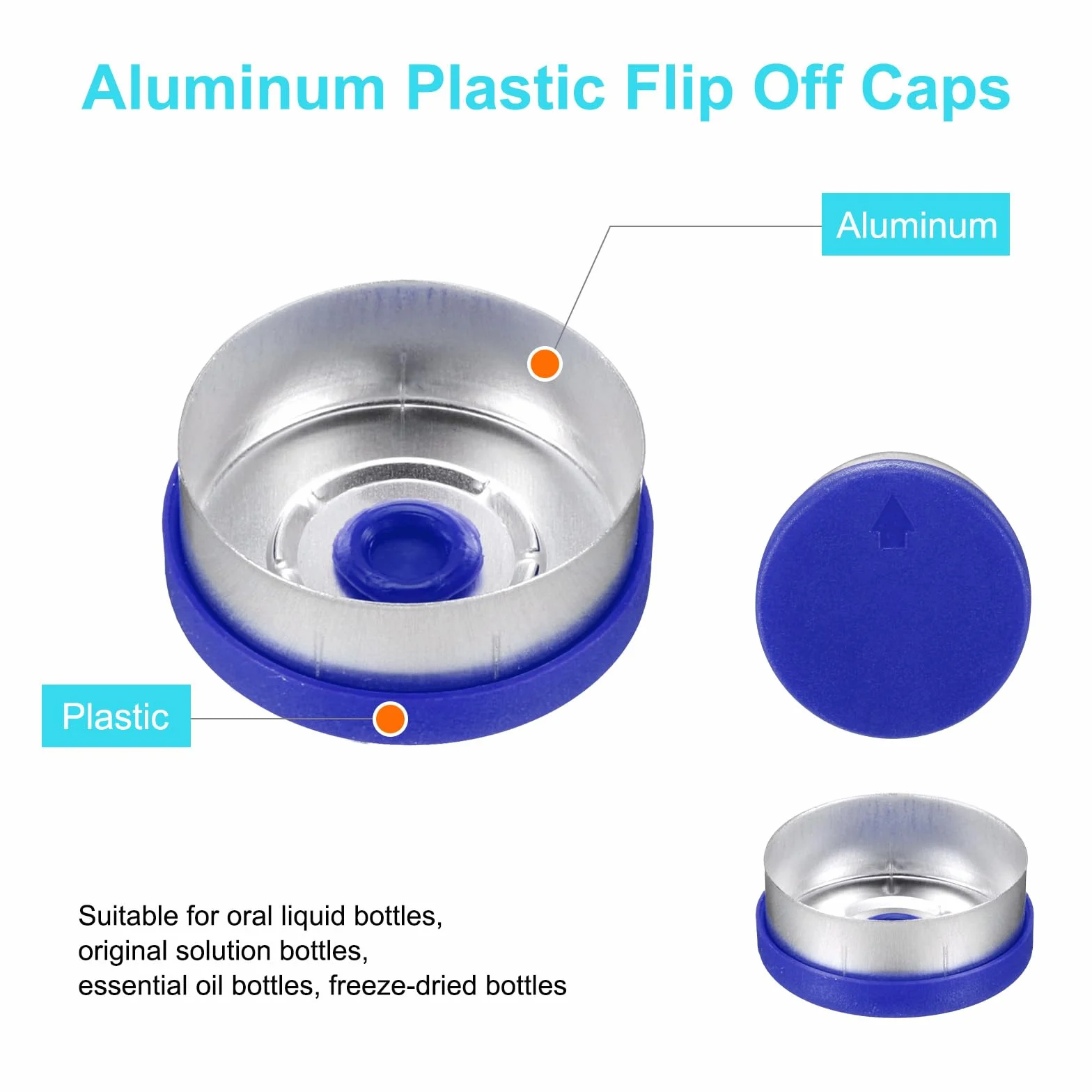 QUARKZMAN 20 mm czapki z klapką, 100 szt. górnych zatyczek bez zadziorów, uszczelki, fiolki, plastik, aluminium, pokrywa na szklane butelki, niebieski/srebrny