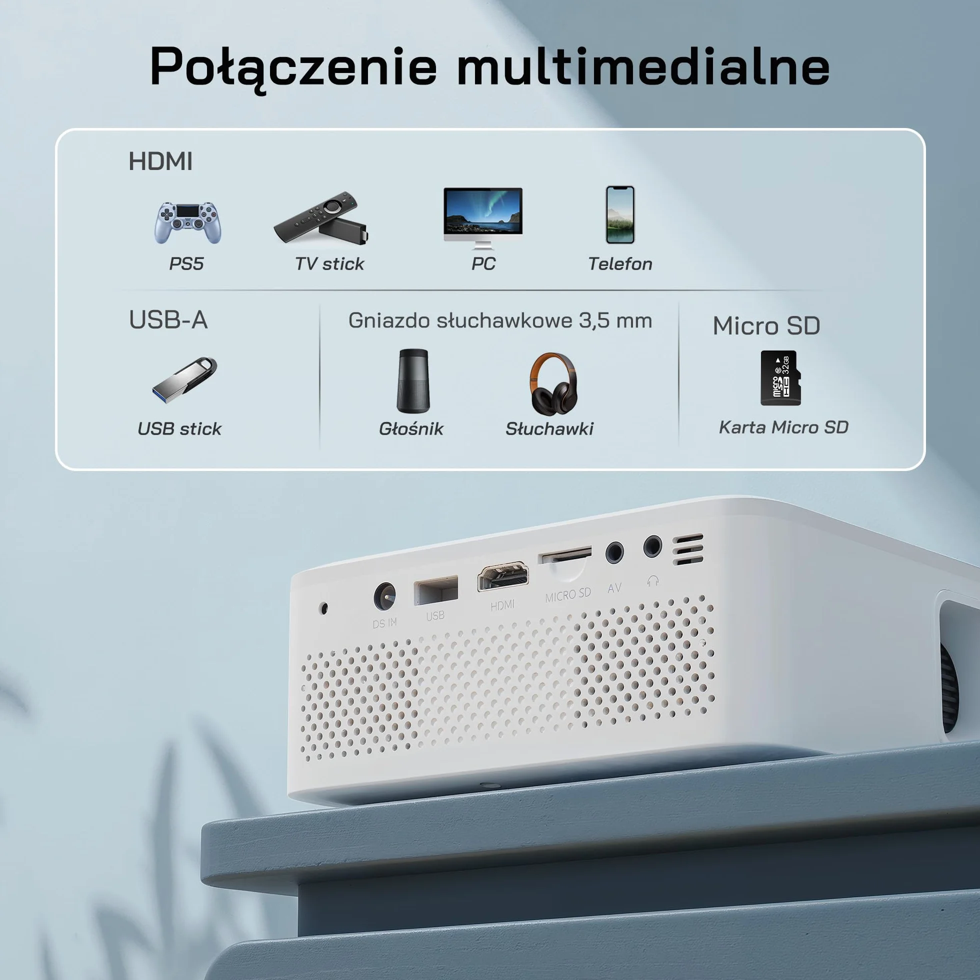 WOLFANG Mini projektor, ulepszony 1080P Full HD przenośny projektor telefoniczny, zewnętrzny projektor kina domowego kompatybilny z HDMI, USB, smartfonem, tabletem, komputerem, TV Stick, AV, kartą Mic