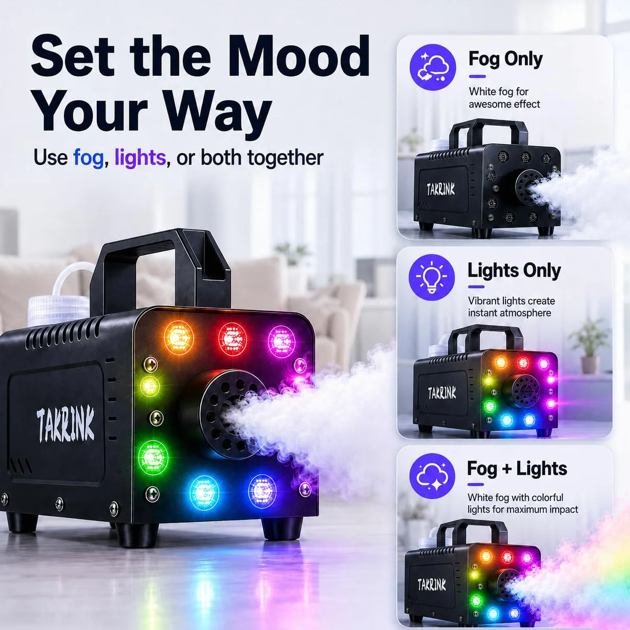 TAKRINK Maszyna do dymu,900 W z 8 diodami LED RGB, 16 kolorami i bezprzewodowym pilotem, na imprezy, wesela, dyskoteki, wesela, Halloween, Boże Narodzenie
