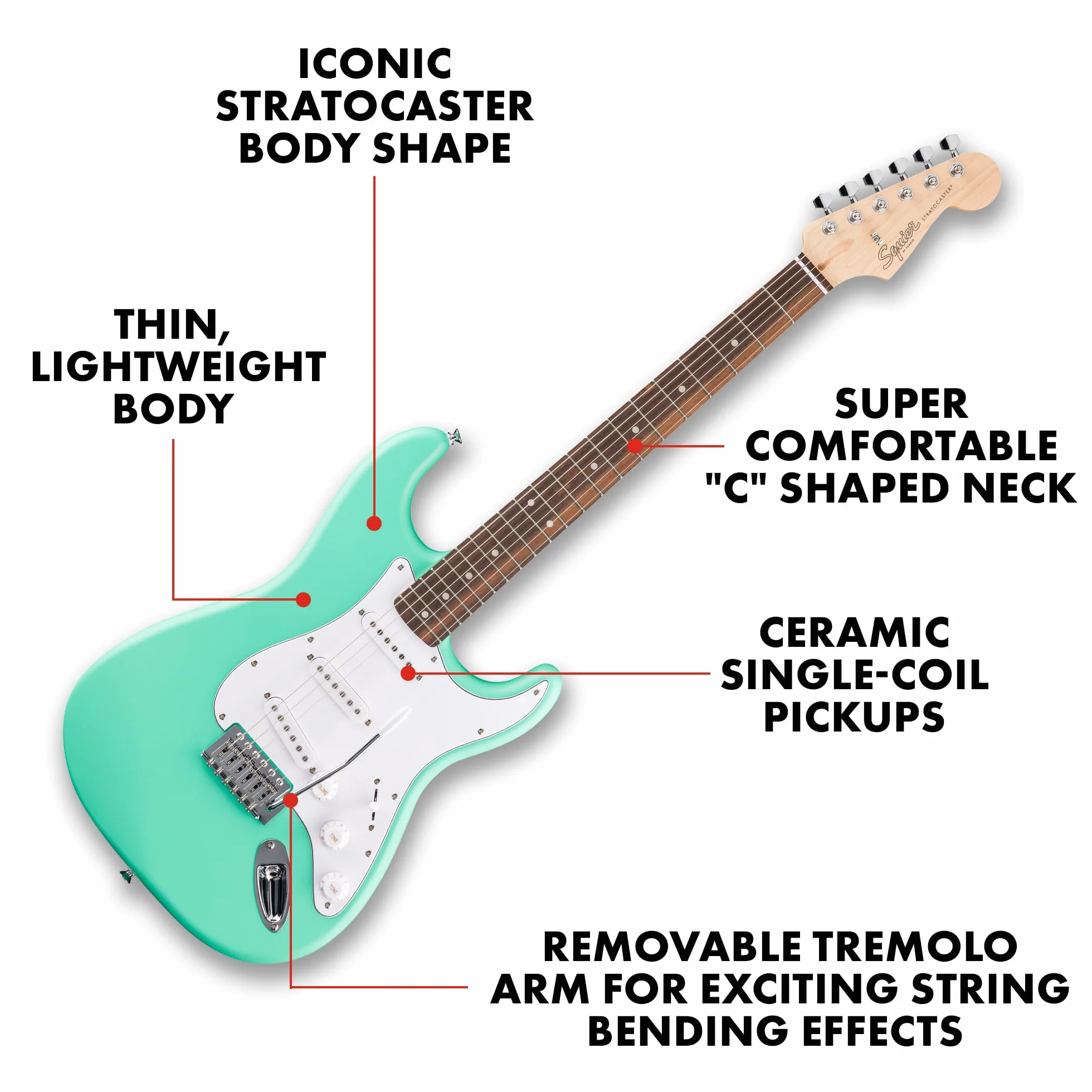 Squier by Fender Debut Collection Stratocaster gitara elektryczna, podstrunnica Laurel, biała maskownica, Seafoam Green