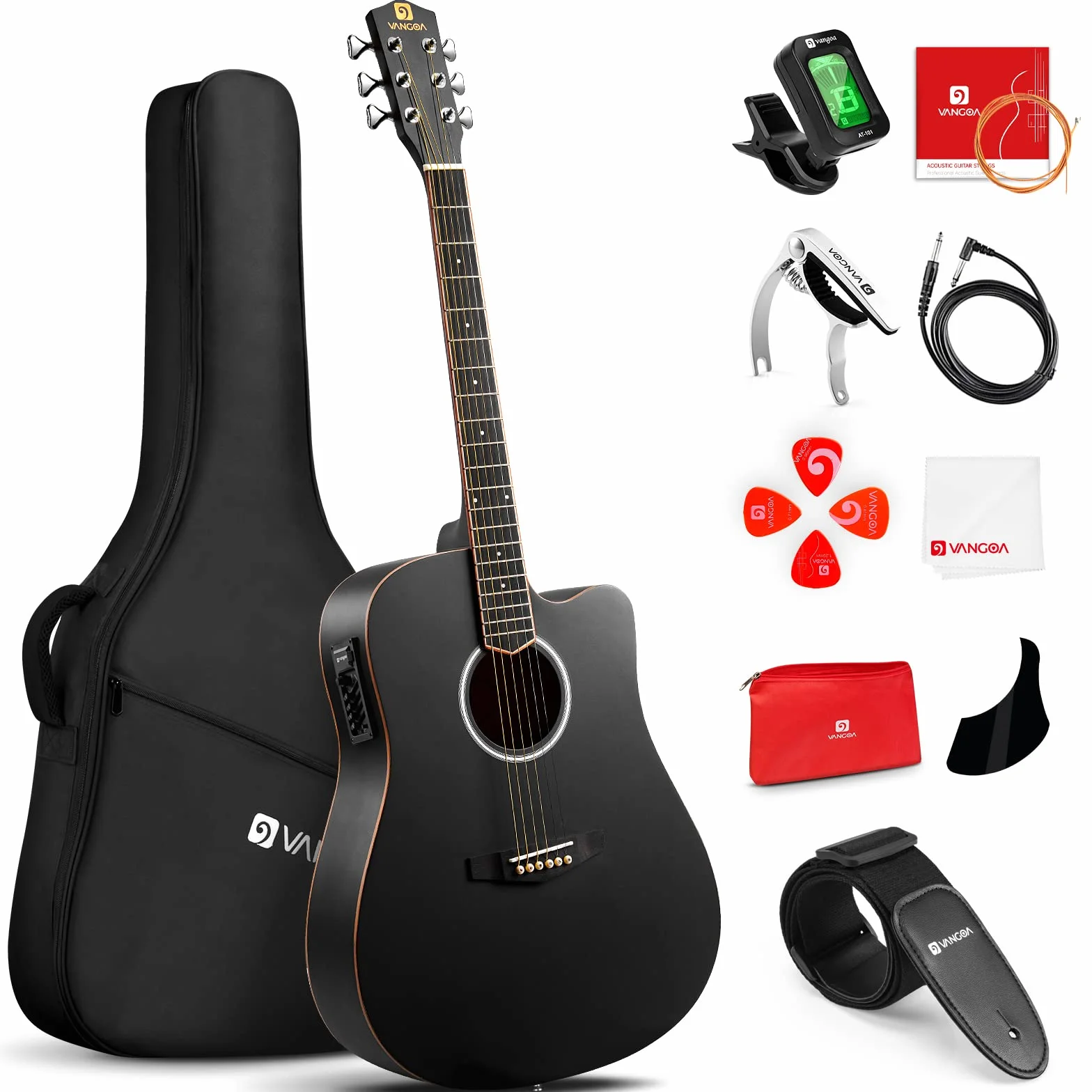 Vangoa 4/4 elektryczna gitara akustyczna, 41", gitara Cutaway z 4-pasmowym korektorem, wbudowany pickup, torba na gitarę i zestaw dla początkujących, kolor czarny