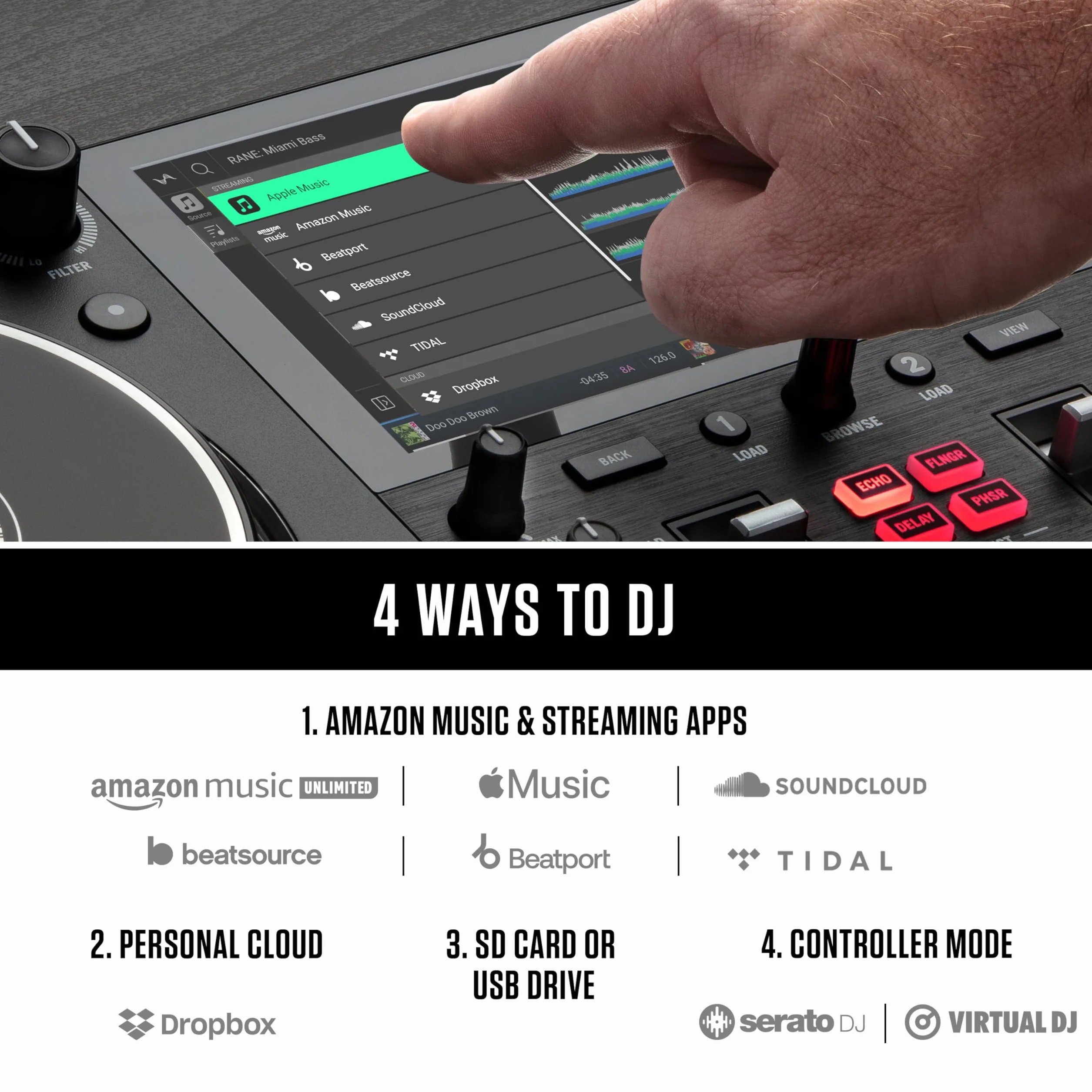 Numark Mixstream Pro+ Kontroler DJ z separacją stemów, 2 deckami, Wi-Fi, mikserem, ekranem 7″ i głośnikami, kompatybilny z Serato i Virtual DJ