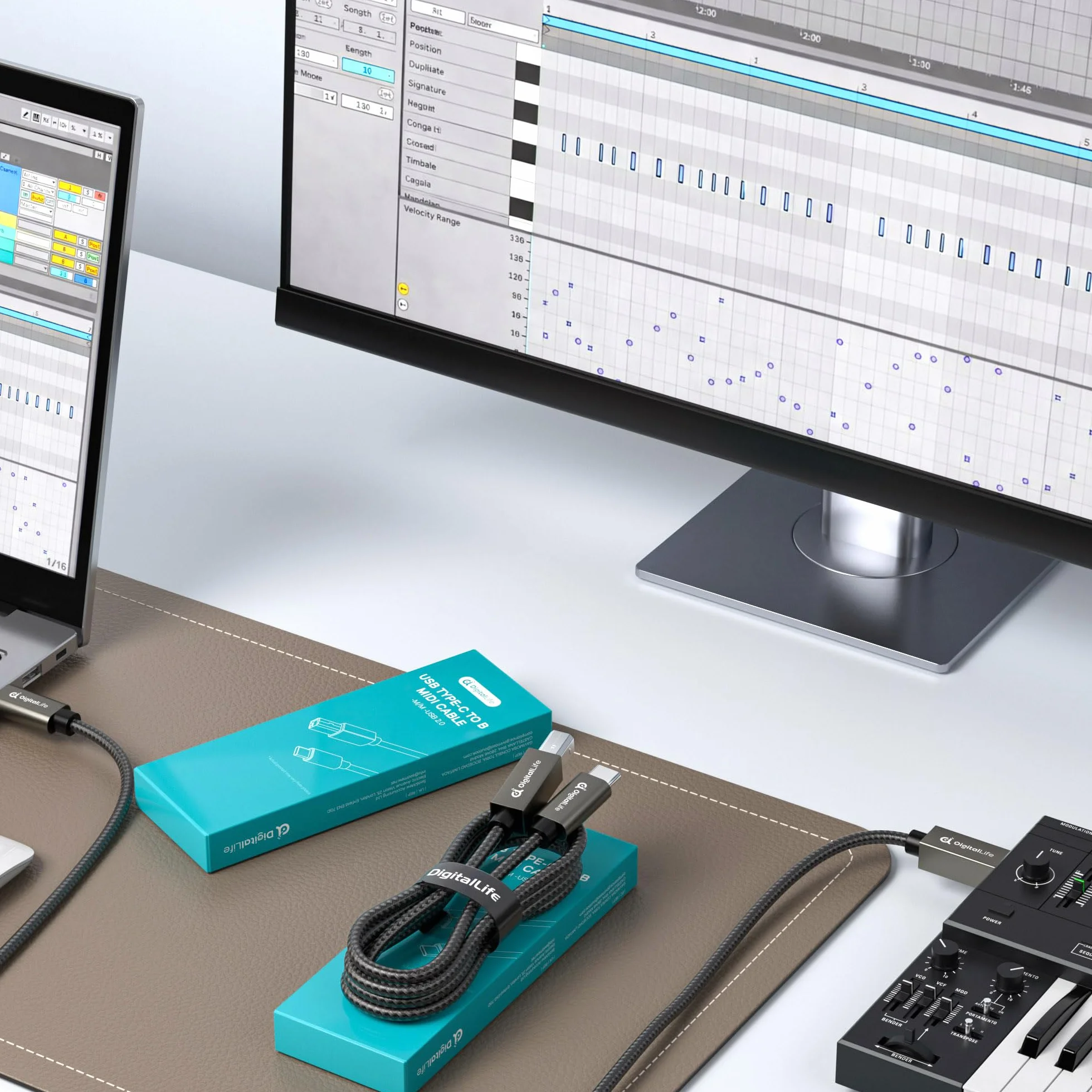 DigitalLife FlexMIDI Pro 2M Kabel MIDI USB-C do USB-B do Pianina, Klawiatur MIDI i Interfejsów Audio, Kompatybilny z Windows, macOS i Linux | Oplot Nylonowy, MIDI-CB200-II