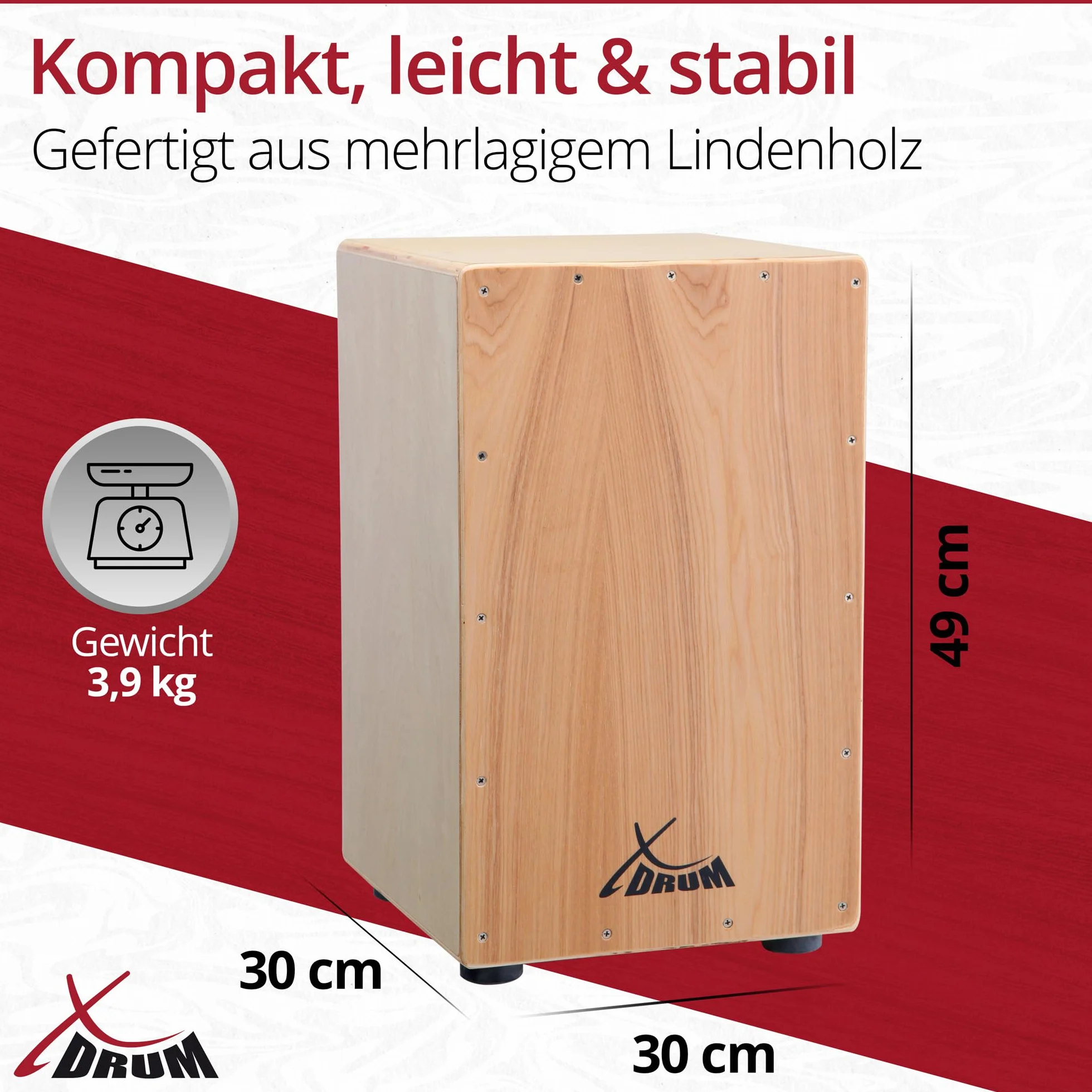 XDrum Primero Cajon naturalny, w tym kieszeń (dźwięk snare, bęben pudełkowy, pudełko perkusyjne, drewno, w tym torba Gig Bag i klucz imbusowy)