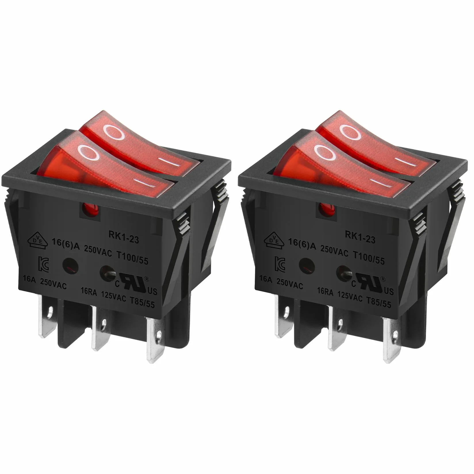 heschen Double Rocker Switch SPST ON-OFF-6 Terminals Red Light 16 A 250 VAC 2 Pack