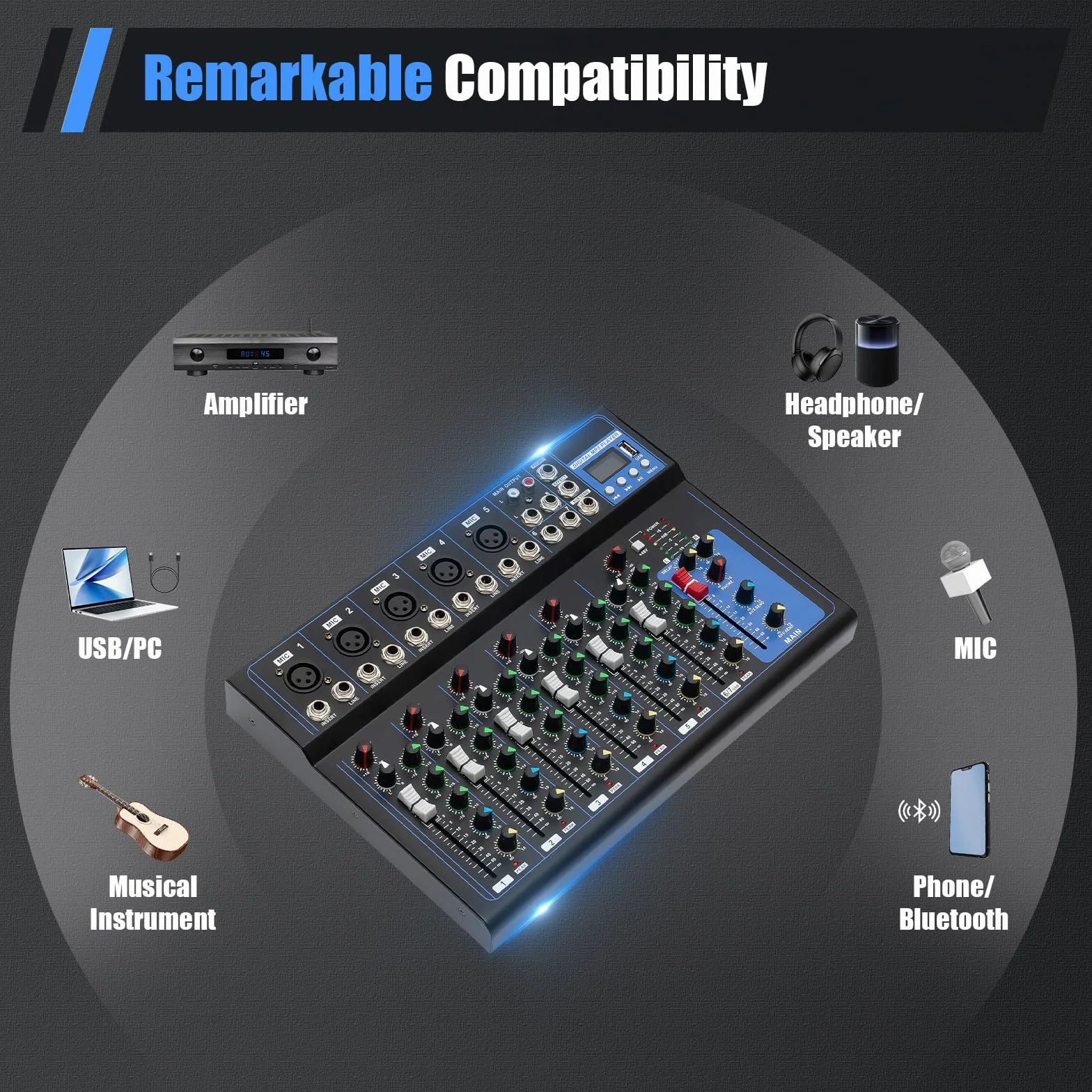Mikser audio Bluetooth, 7-kanałowy, mikser DJ Live Studio z USB, mikser audio na żywo, 6 trybów muzyki, konsola do miksowania dźwięku, do studia produkcji muzyki, barów i scen, dla