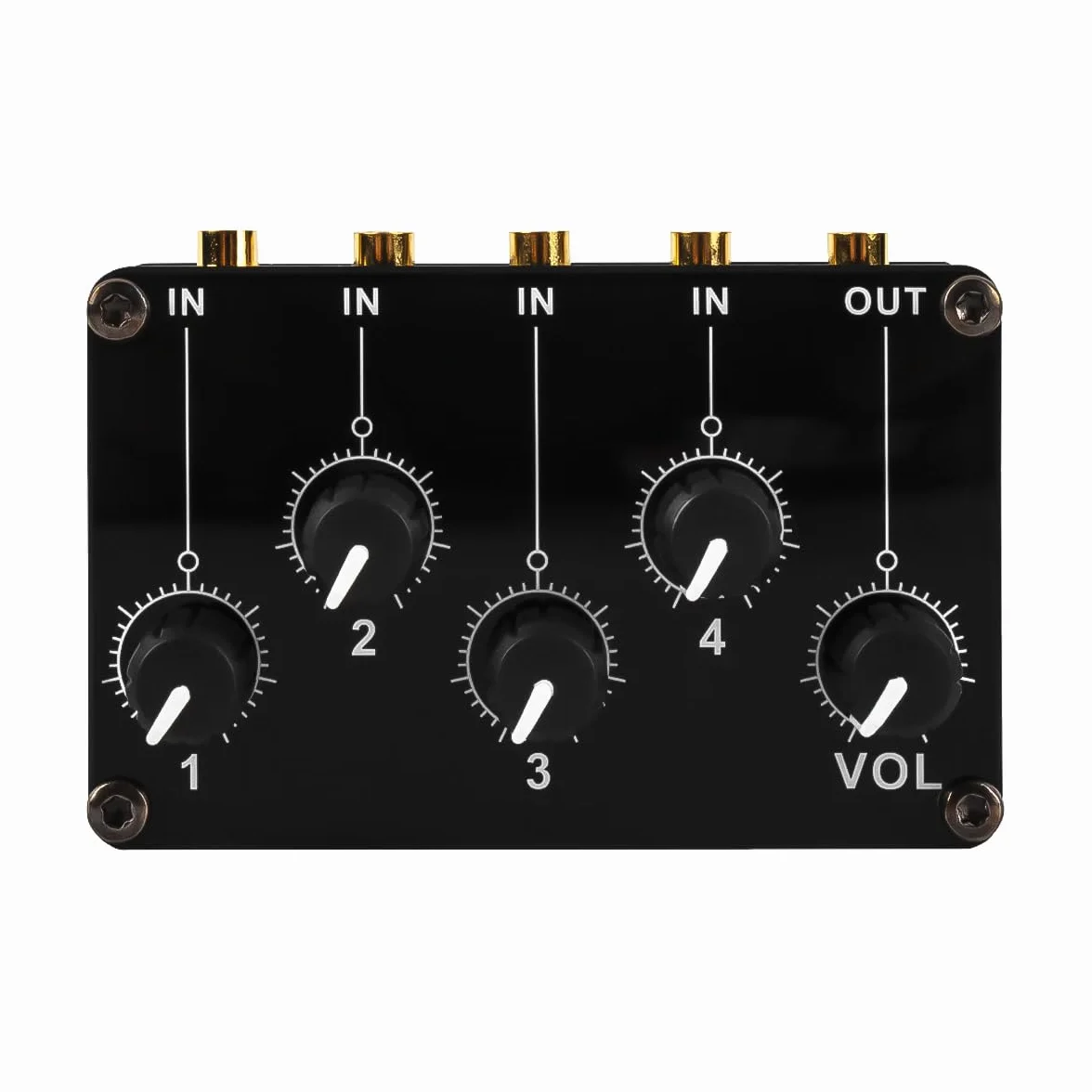 Przenośny 4-kanałowy mikser pasywny z 4 wejściami stereo RCA i 1 wyjściem stereo RCA dla rozszerzonej kontroli instrumentów mieszających, odtwarzaczy CD itp
