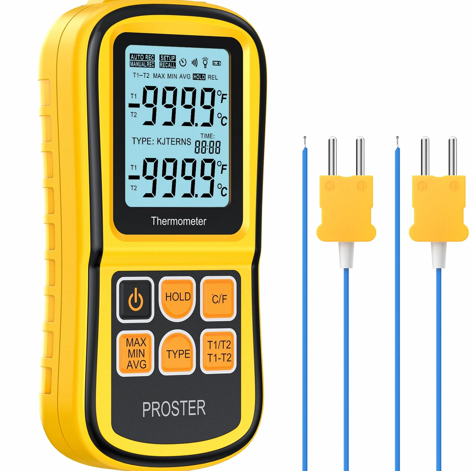 Proster Cyfrowy termometr z 2 dwukanałowymi termoparami typu K, sonda LCD, podświetlenie tła LCD, miernik temperatury do termopar, do typów K/J/T/E/R/S/N, żółty