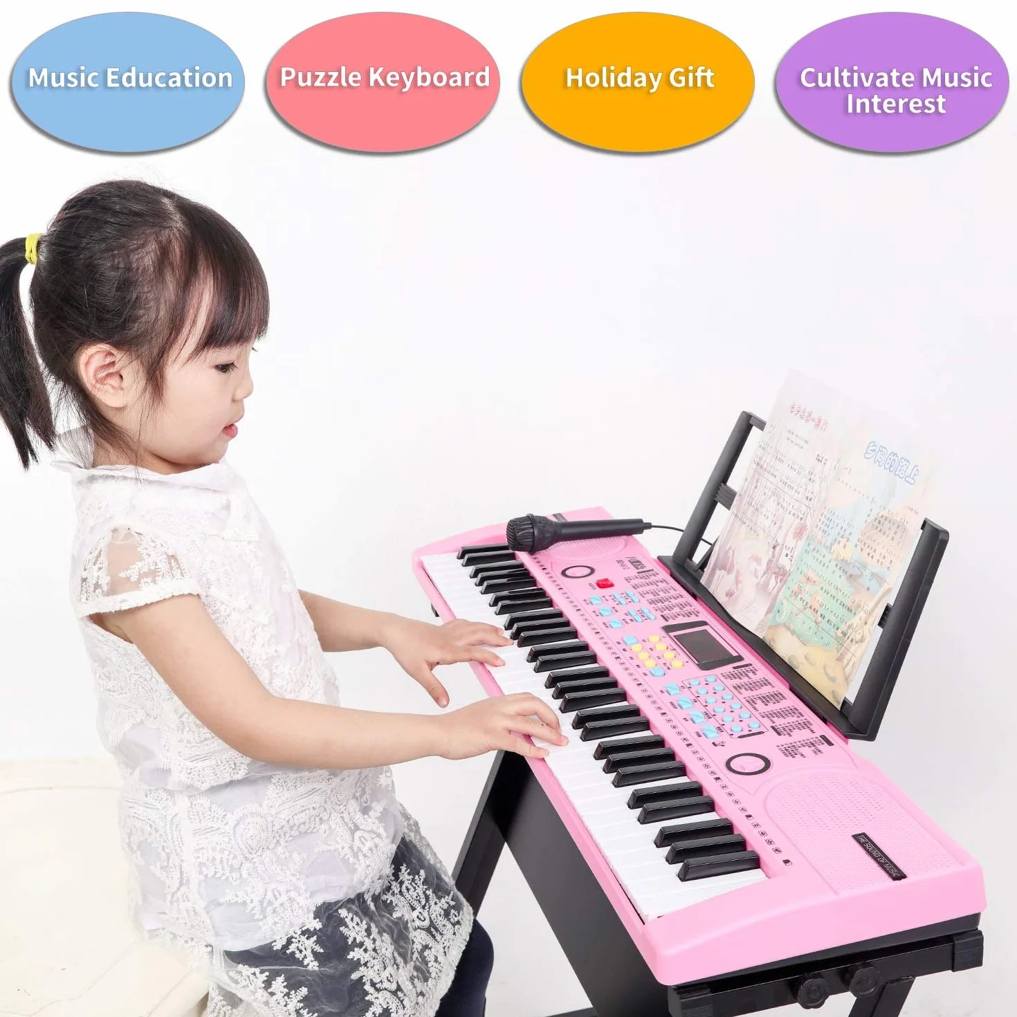Keyboard dla dzieci z 61 przyciskami, dla początkujących, elektroniczna klawiatura, przenośna, cyfrowa klawiatura muzyczna, instrument muzyczny do wczesnej edukacji z mikrofonem i stojakiem na karteczki na nuty, prezent dla chłopców i dziewczynek