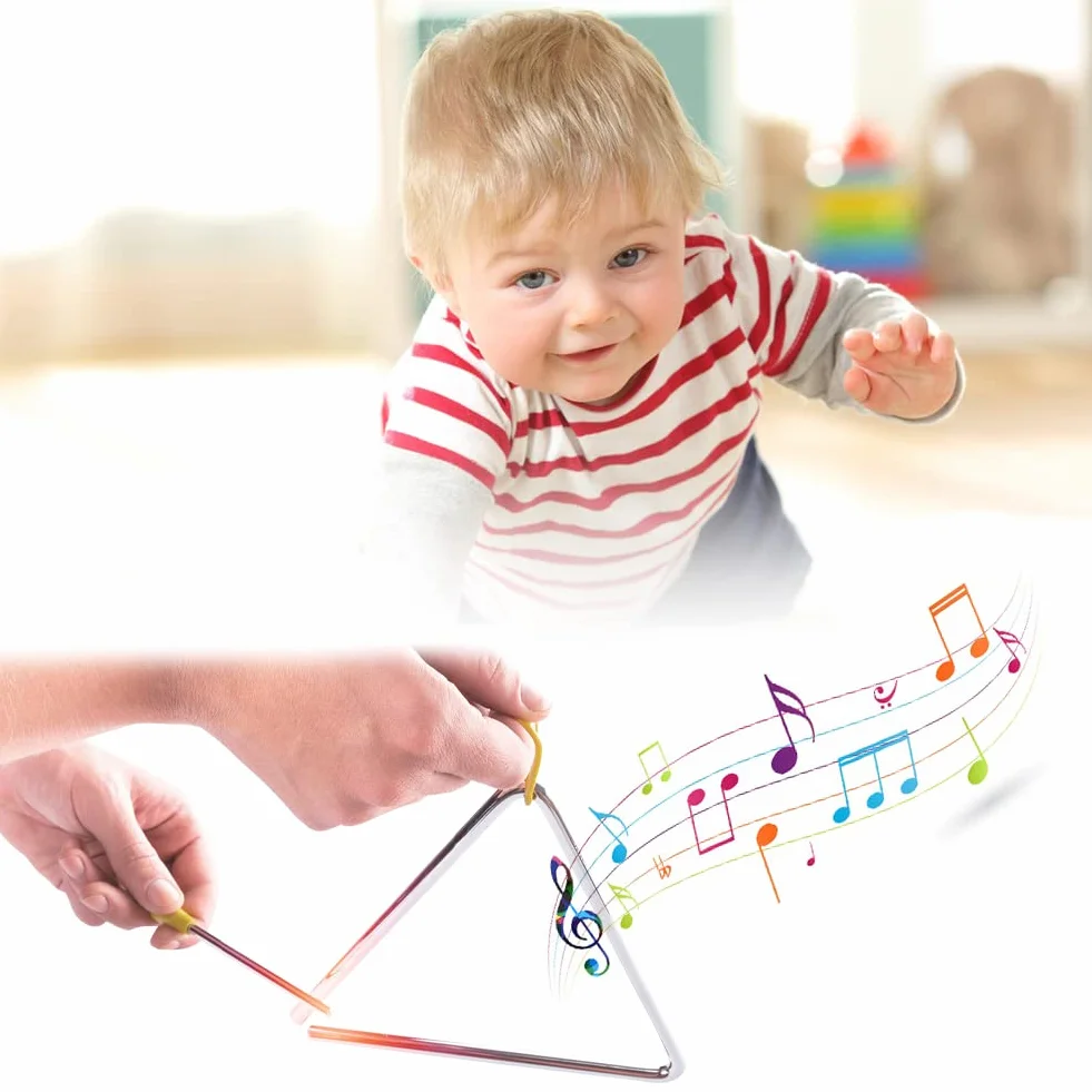 Trójkątny instrument muzyczny, instrument perkusyjny trójkąt, instrument muzyczny z pałeczkami, instrument perkusyjny trójkąt, zabawka, muzyczny instrument edukacyjny dla dzieci, 15 cm