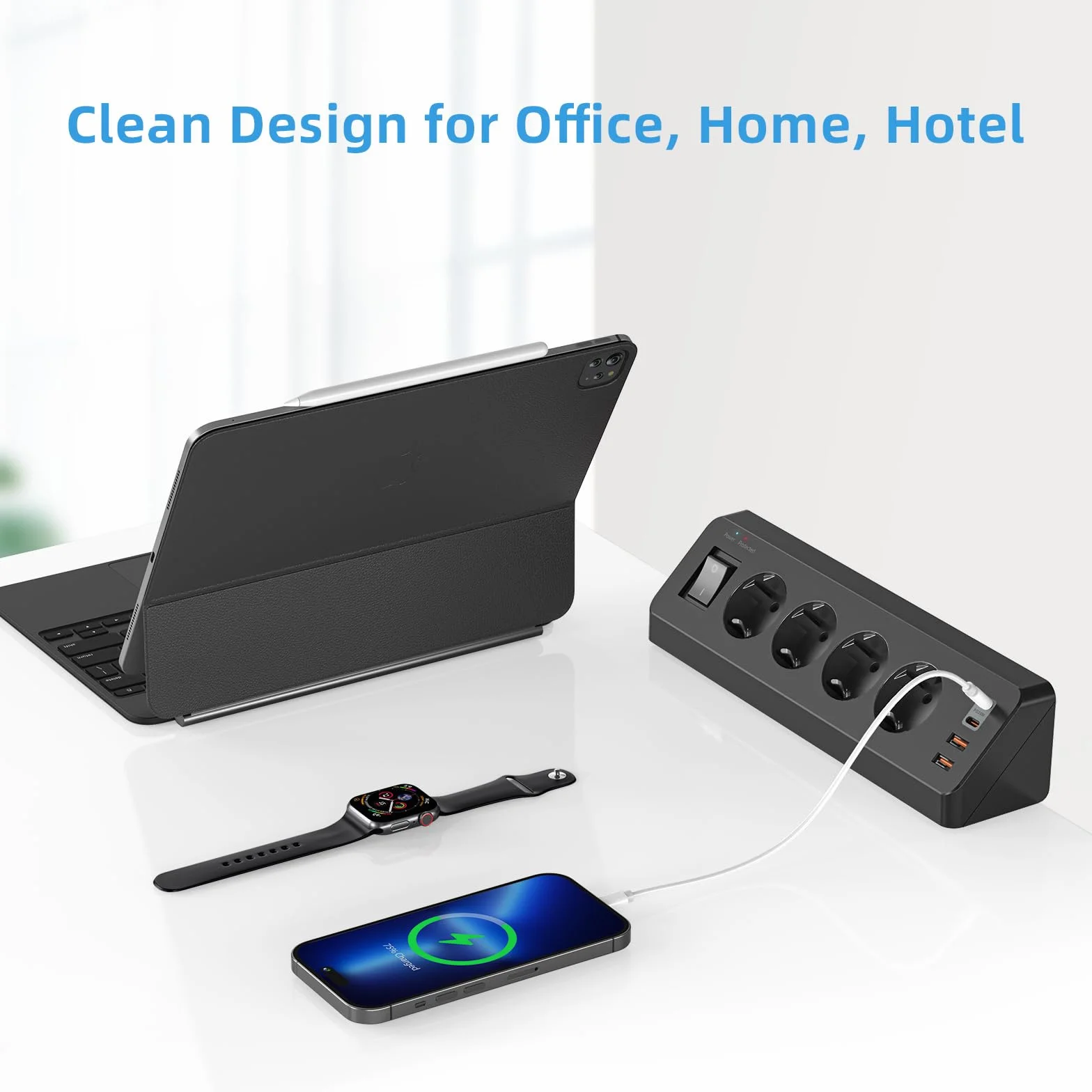 Gniazdo wtykowe stołowe z USB C (PD 20 W), listwa zasilająca 8 w 1, biurko z przełącznikiem, 4 wtyki, 4 gniazda USB, ochrona przed przepięciem, kabel 2 m, do domu, biura (czarne)