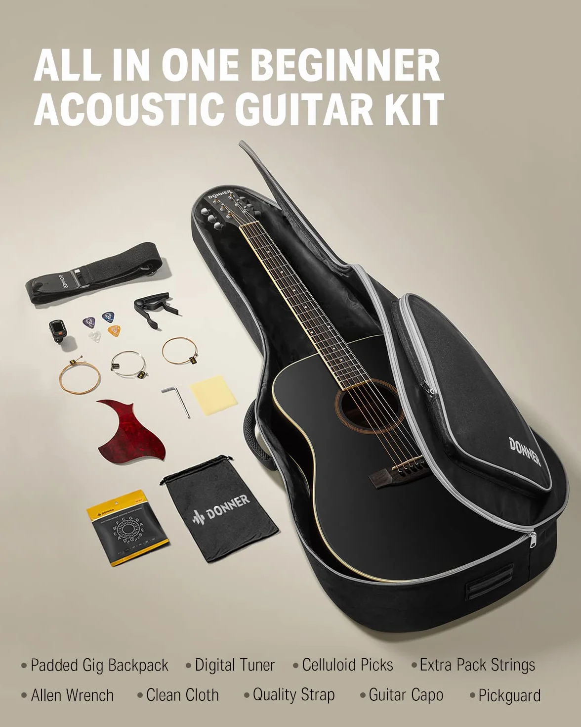 Donner Gitara akustyczna Dreadnought 4/4 104 cm, zestaw dla początkujących, czarny