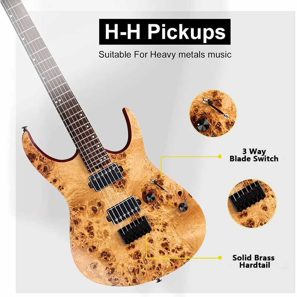 EART H6 Gitara Elektryczna Fixed Bridge String Guitar Gitara Elektryczna z Solidnym Korpusem, H-H Zamknięte Przetworniki do Muzyki Heavy Metalowej, Popu, Rocka Gitara