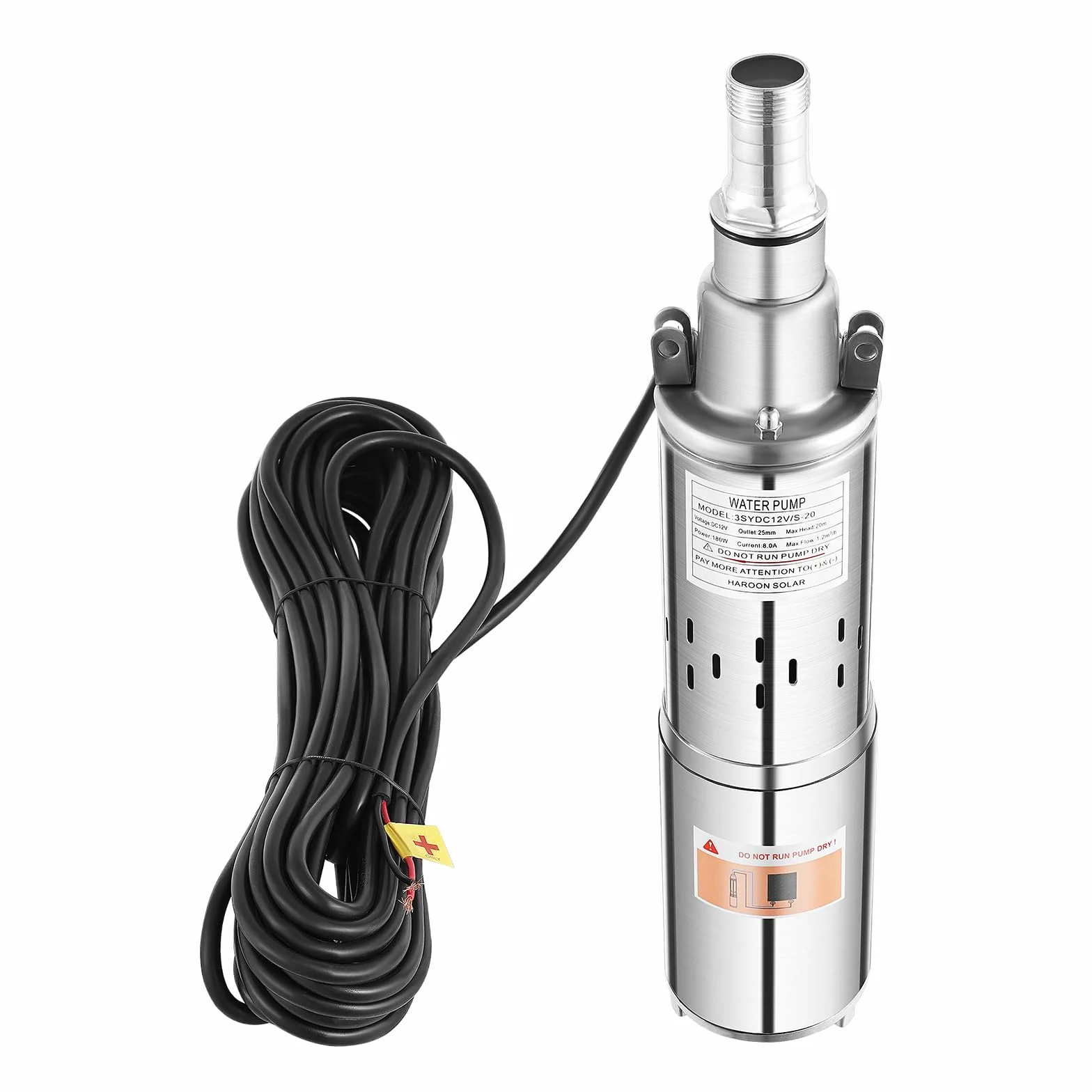 Pompa do studni głębinowych 180 W, 12 V, moc słoneczna, natężenie przepływu 1,2 m³/h, maksymalna głębokość 20 m z kablem 17 m, pompa głębinowa do źródeł i zastosowań rolniczych