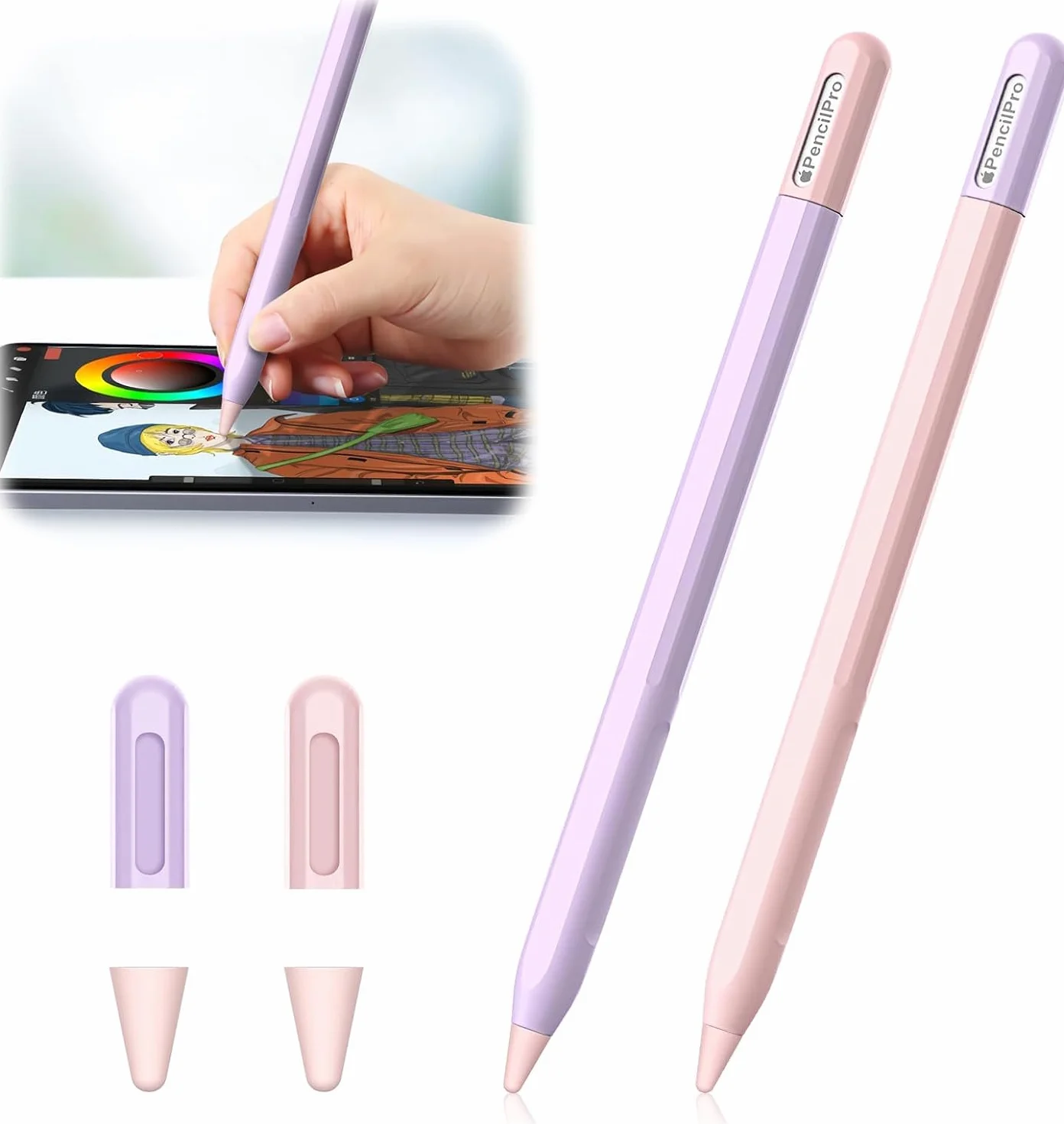 2 silikonowe etui do Apple Pencil Pro & Apple Pencil 2. generacji, Color Clashing Design Pencil Cover do Apple Pencil Pro/2. generacji, z 2 akcesoriami do etui (różowe + fioletowe)