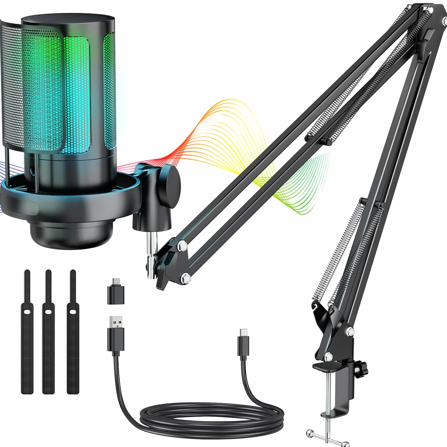 Anykuu RGB Mikrofon pojemnościowy 24 bit / 192 kHz, mikrofon de gier z 7 zmiennymi światłami, jeden przycisk wyciszający USB, mikrofon z kondensatorem i ramieniem do gier, studio, YouTube, podcastów