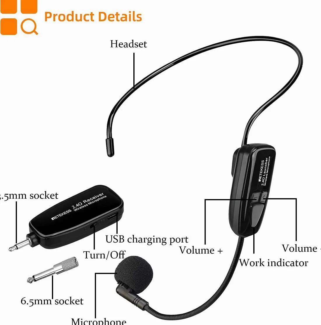 Retekess TT123 System Mikrofonu Bezprzewodowego,Mikrofon i Zestaw Słuchawkowy ze Wzmacniaczem, 2 w 1, Akumulator, 2,4G, Bezprzewodowy Zestaw Słuchawkowy z Mikrofonem, do Wzmacniacza głosu, Nauczanie