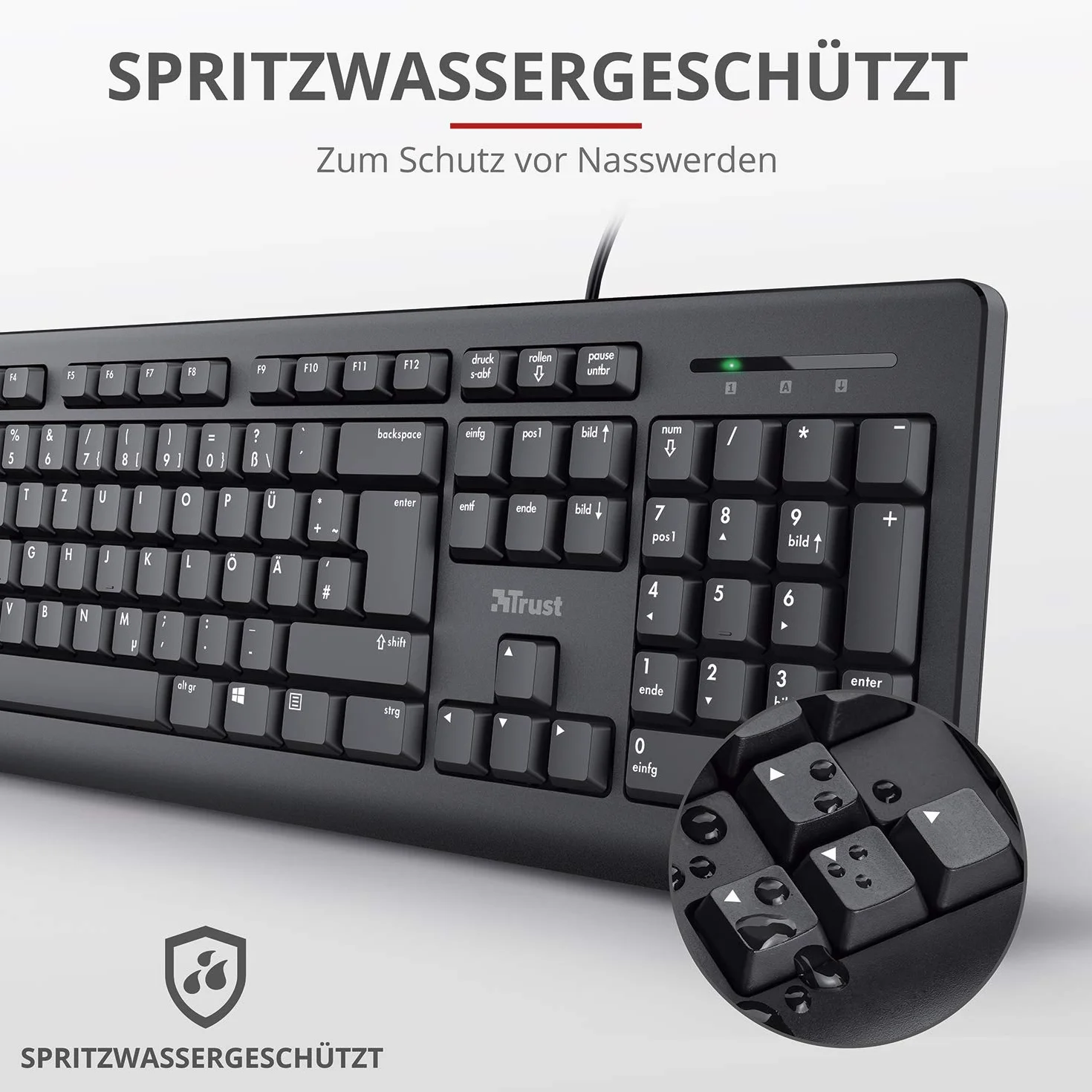 Trust Taro klawiatura przewodowa, niemiecki układ QWERTZ, ciche przyciski, ochrona przed rozbryzgami wody, port USB, kabel o długości 1,8 m, klawiatura do komputera, laptopa, Mac, Windows, macOS –