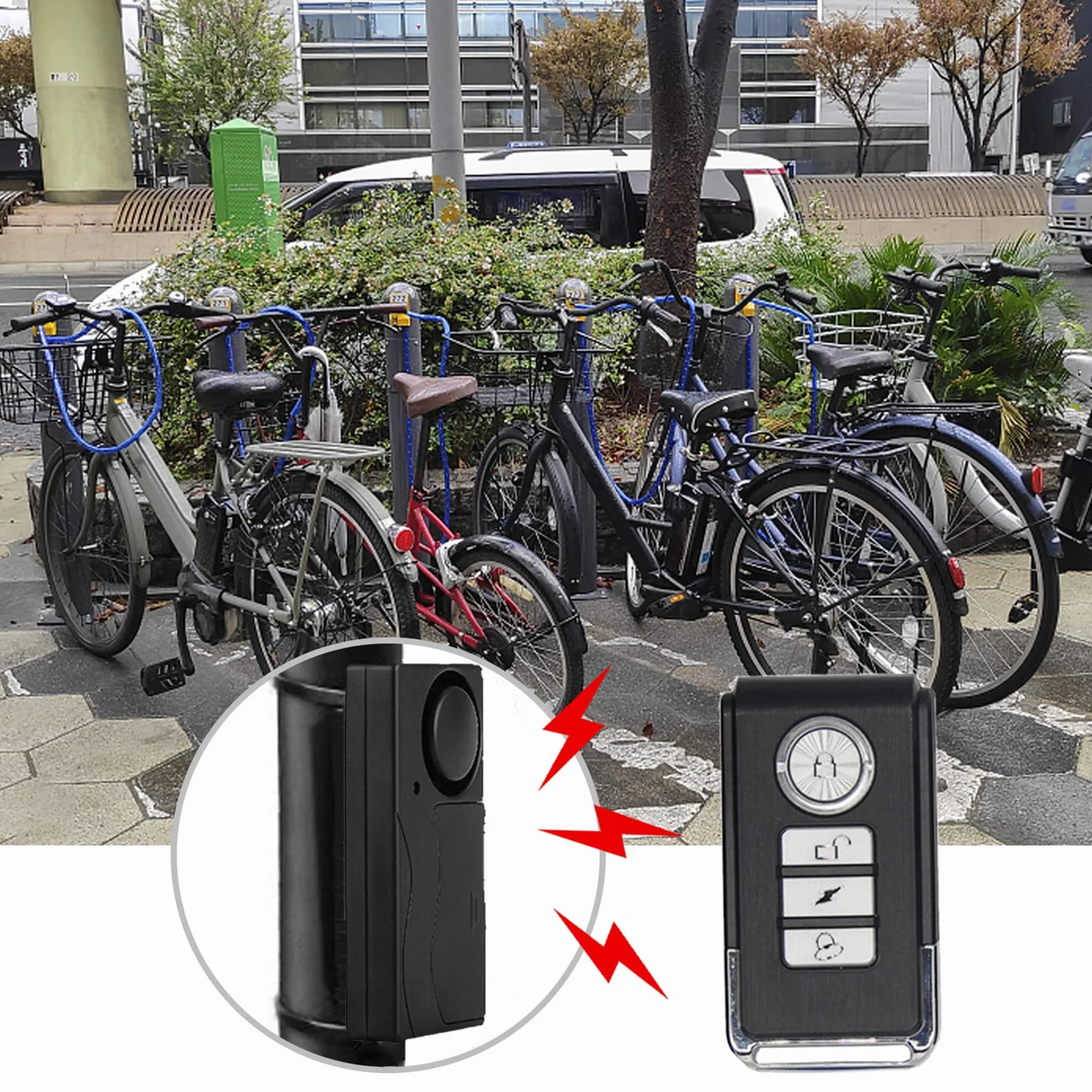 Shkalacar Alarm rowerowy 110 dB, bezprzewodowy czujnik ruchu wibracyjnego Czujniki bezpieczeństwa do rowerów motocyklowych Alarm rowerowy z pilotem