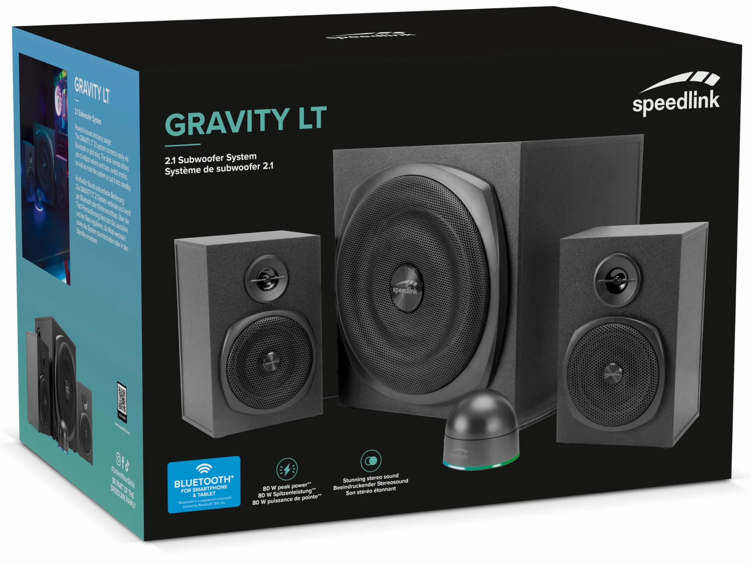 Speedlink GRAVITY LT głośniki komputerowe 2.1 z Bluetooth - z drewnianym subwooferem, aktywny system głośników 80 W, gniazdo AUX 3,5 mm, pilot biurkowy RGB, czarny