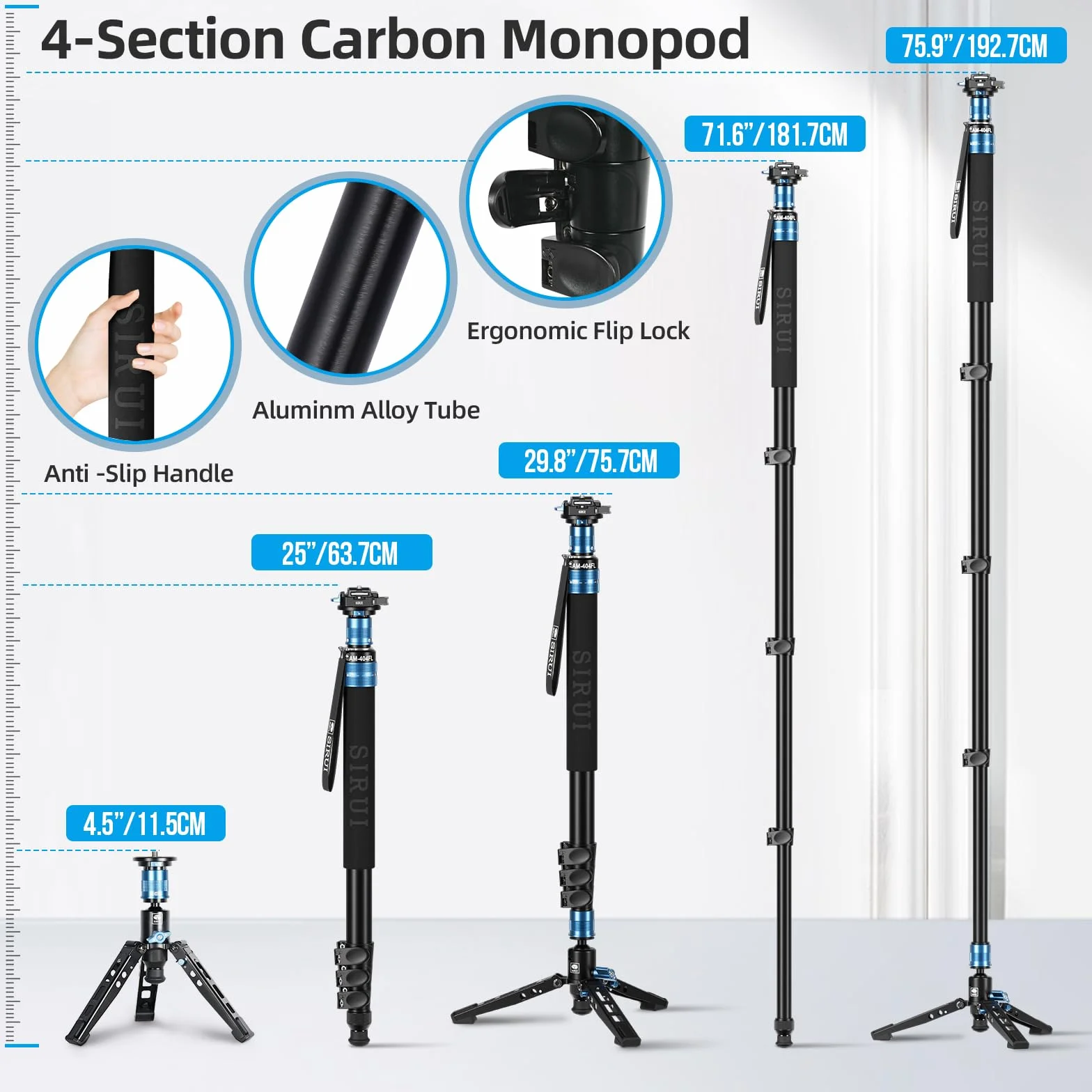 SIRUI Aluminiowy monopod ze stopkami, kompaktowy profesjonalny monopod 192,5 cm do aparatów, obsługuje do 15 kg, kompatybilny z Sony, Canon, Nikon DSLR, AM-404FL+QC-55