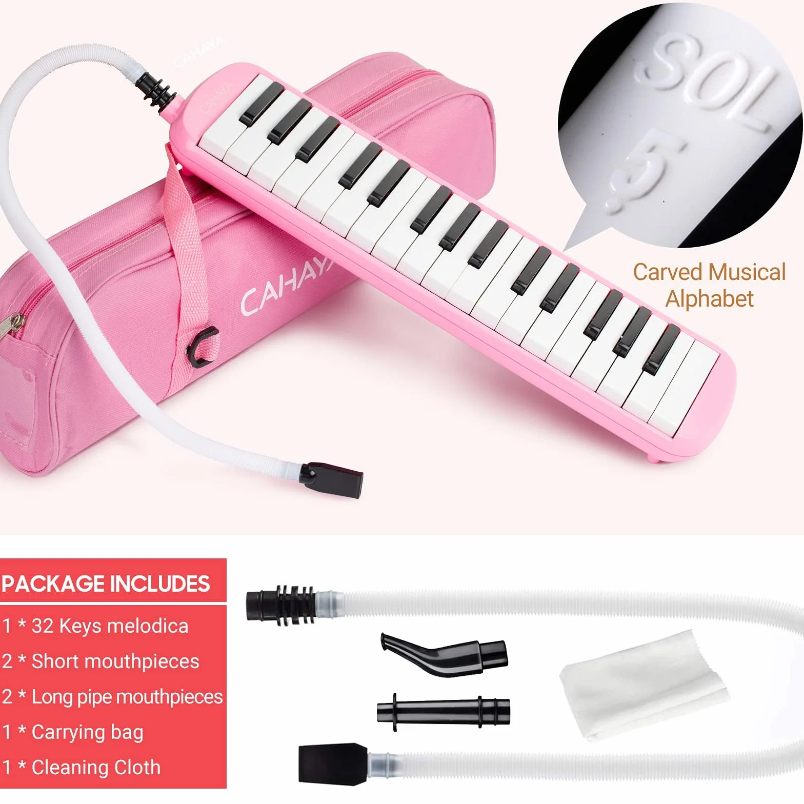 CAHAYA Melodica Instrument Melodica z 32 przyciskami, z torbą do przenoszenia, odpowiedni dla początkujących, studentów, prezent muzyczny dla chłopców i dziewczynek, różowy CY0050-3