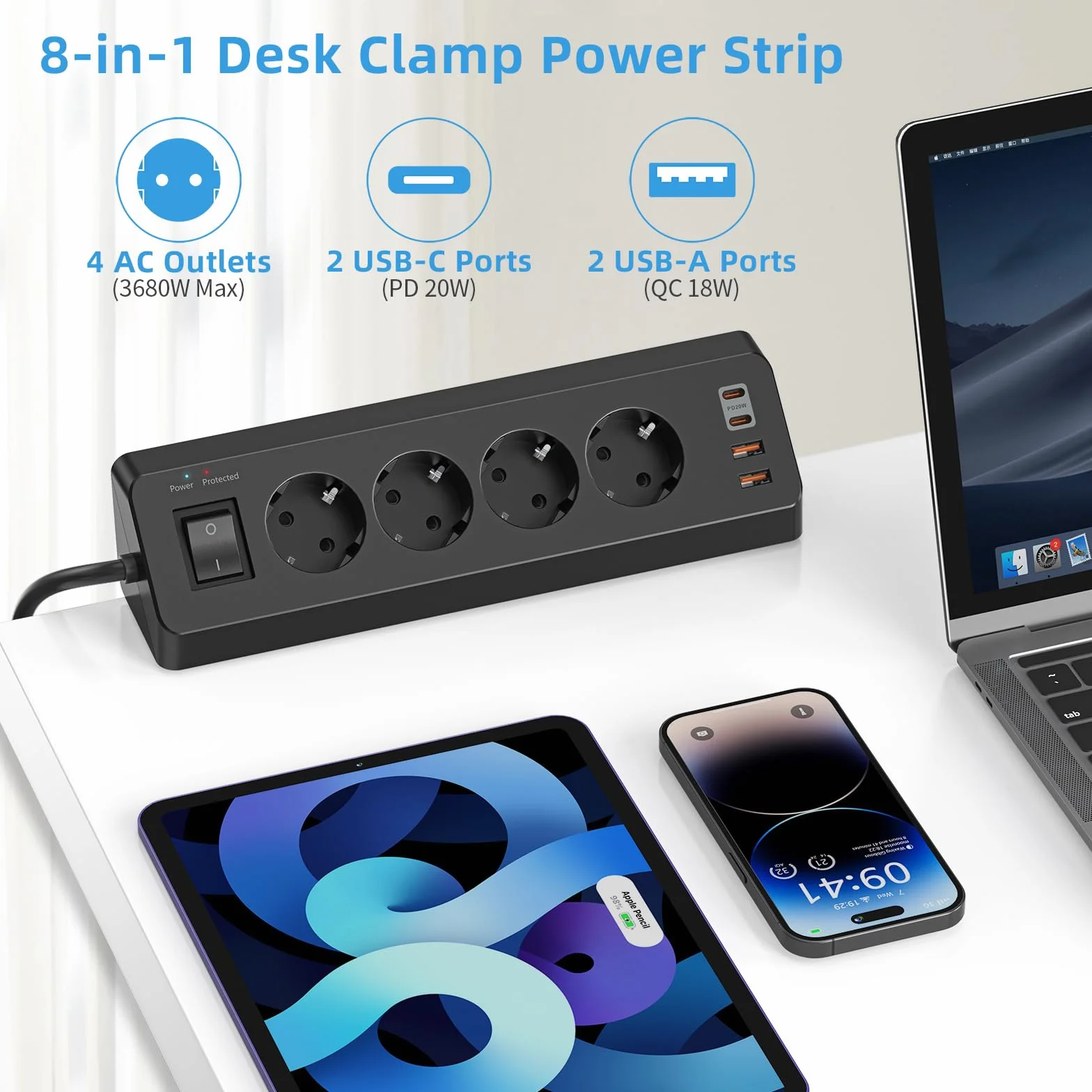 Gniazdo wtykowe stołowe z USB C (PD 20 W), listwa zasilająca 8 w 1, biurko z przełącznikiem, 4 wtyki, 4 gniazda USB, ochrona przed przepięciem, kabel 2 m, do domu, biura (czarne)
