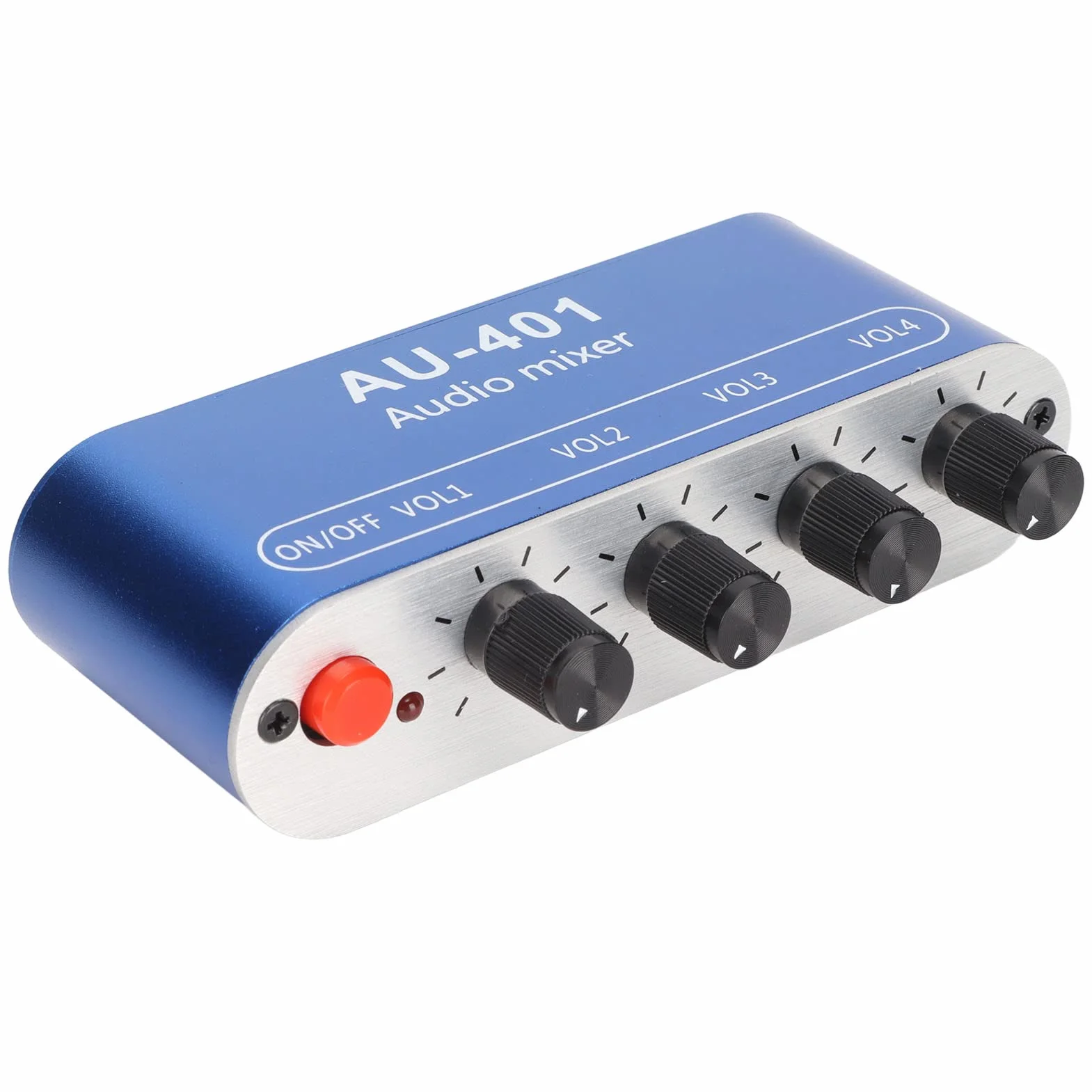 Mini mikser audio, 4-kanałowy mikser liniowy z gniazdem stereo 3,5 mm, 4 wejścia 1 wyjście stereo, mikser stereo DC 5 V-12 V do komputera, telefonu, laptopa, słuchawek, małych klubów lub barów