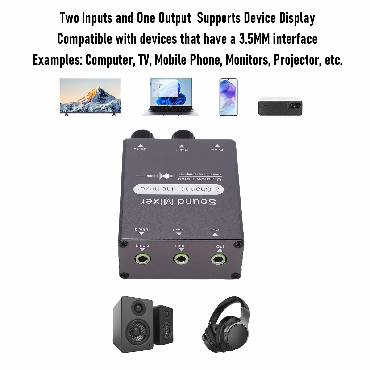 2-Kanałowy Mikser Audio, Mini Mikser Stereo 2 Wejścia I 1 Wyjście, Interfejs 3,5 Mm, Dwa Niezależne Pokrętła Regulacji Głośności, Do Komputera, Telefonu, Laptopa, Słuchawek