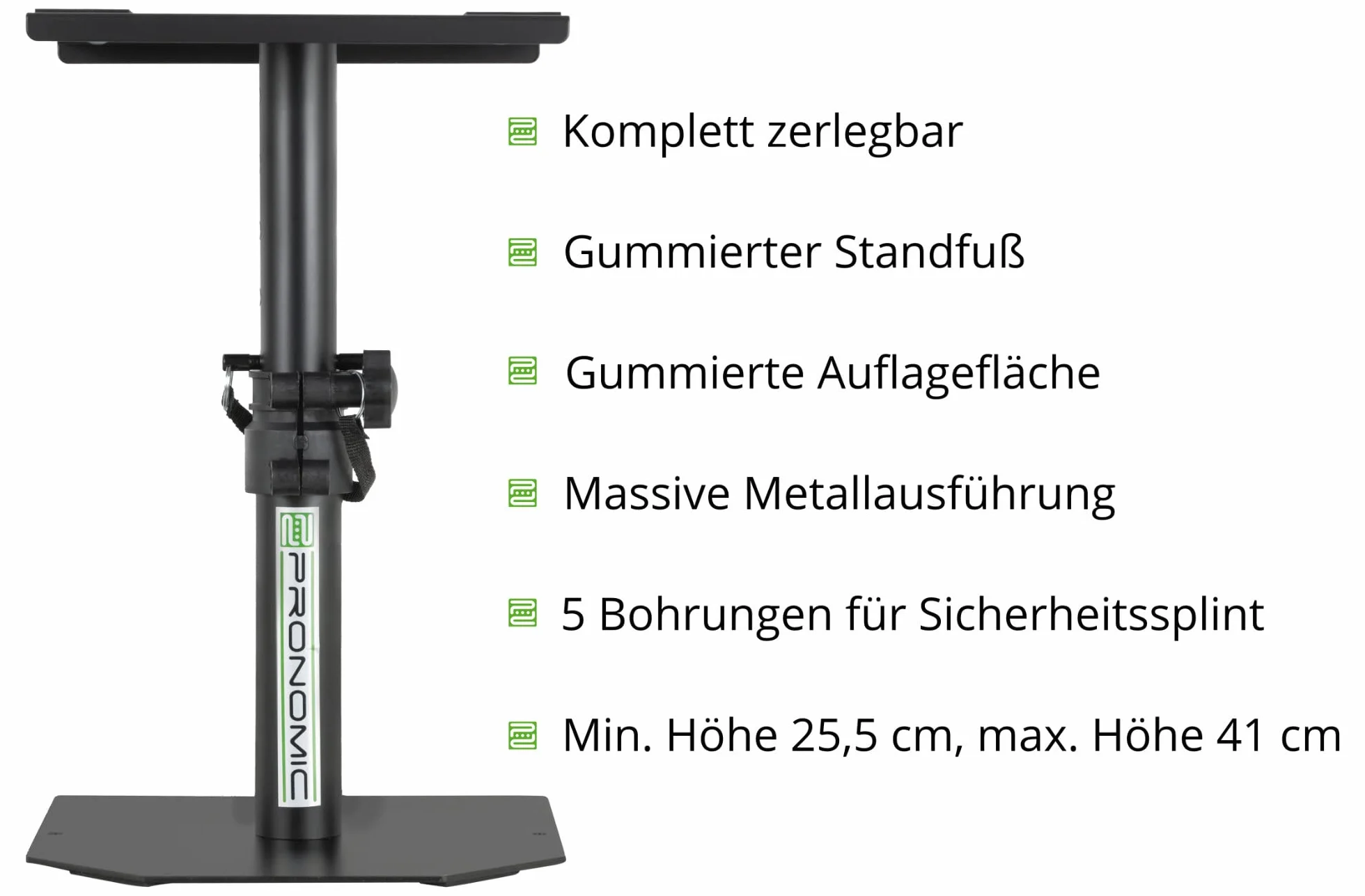 Pronomic SLS-36P BK Statyw stołowy do monitorów studyjnych - solidny statyw głośnikowy do monitorów studyjnych - wysokiej jakości design - regulacja wysokości od 25,5 do 41 cm - półka z gumowymi