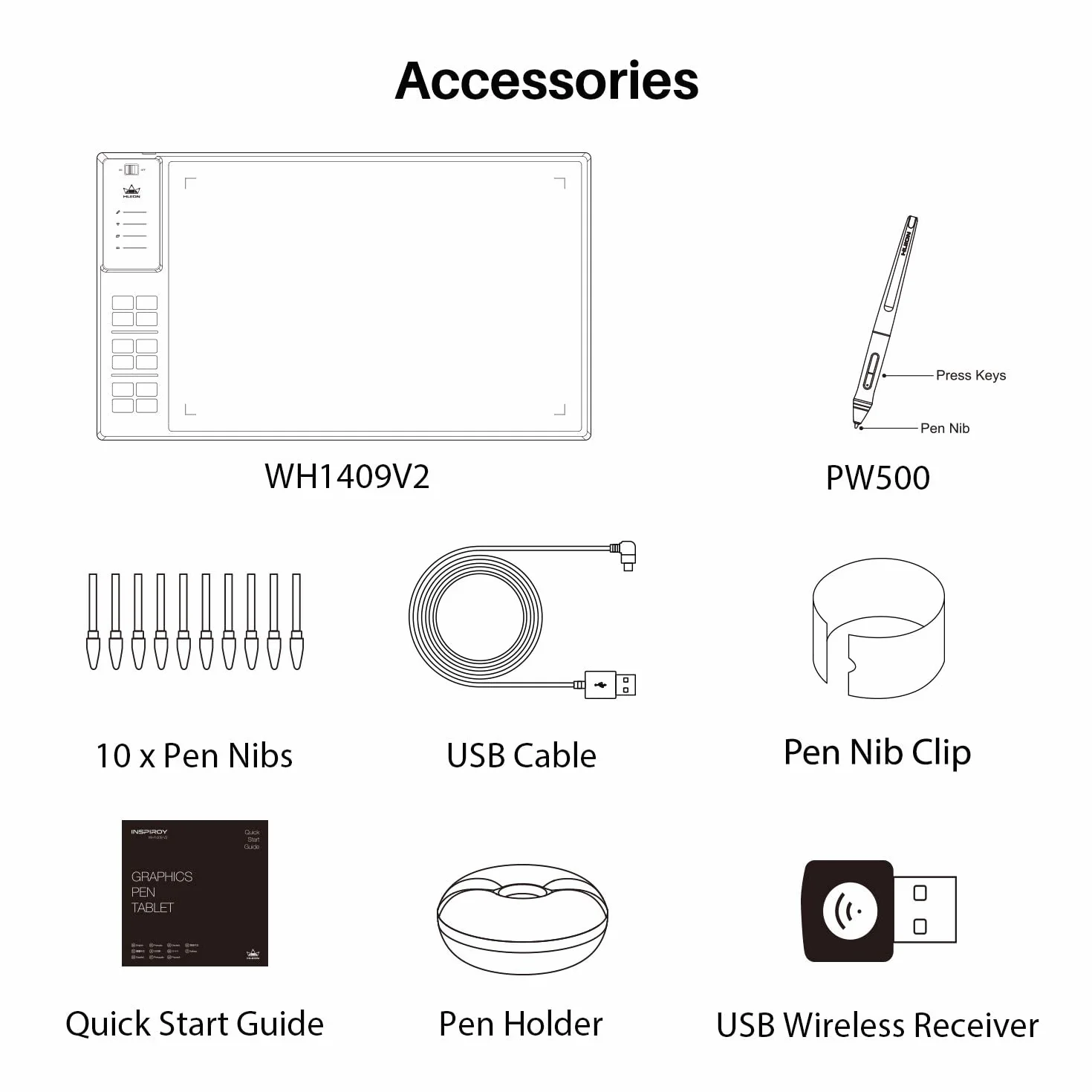 HUION WH1409 V2 tablet graficzny bez baterii w trybie przewodowym i bezprzewodowym z 8192 poziomami czułości nacisku, 12 przycisków ekspresowych połączonych z funkcją Tilt