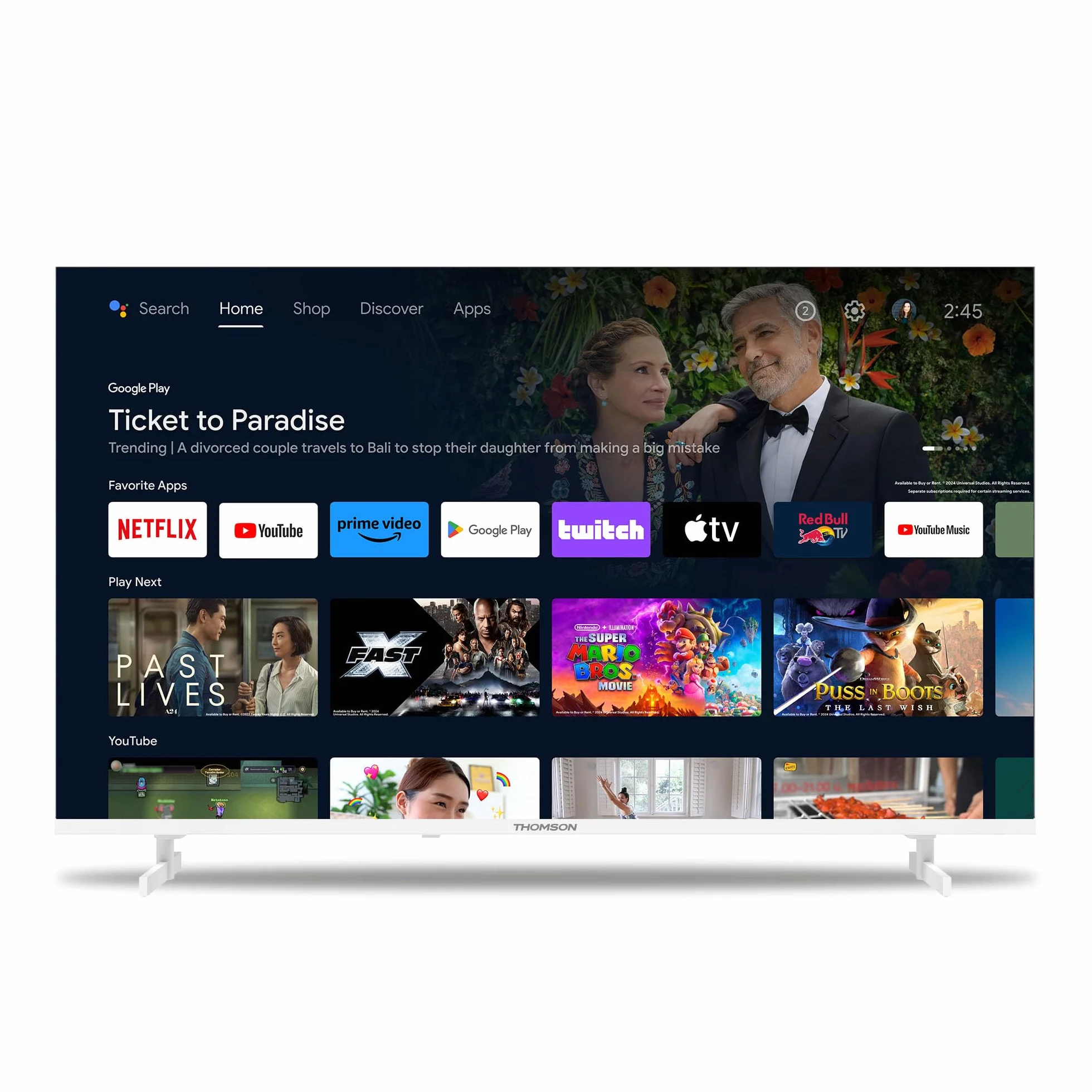 THOMSON 43 calowy (109 cm) 4K Ultra HD Biały Smart Android TV, Google Assistant, Wi-Fi, Dolby Digital, Bluetooth, Triple-Tuner (Kabel/Satelita/Antena), HDMI, CI+, A+ Płyta – 43UA5S13W