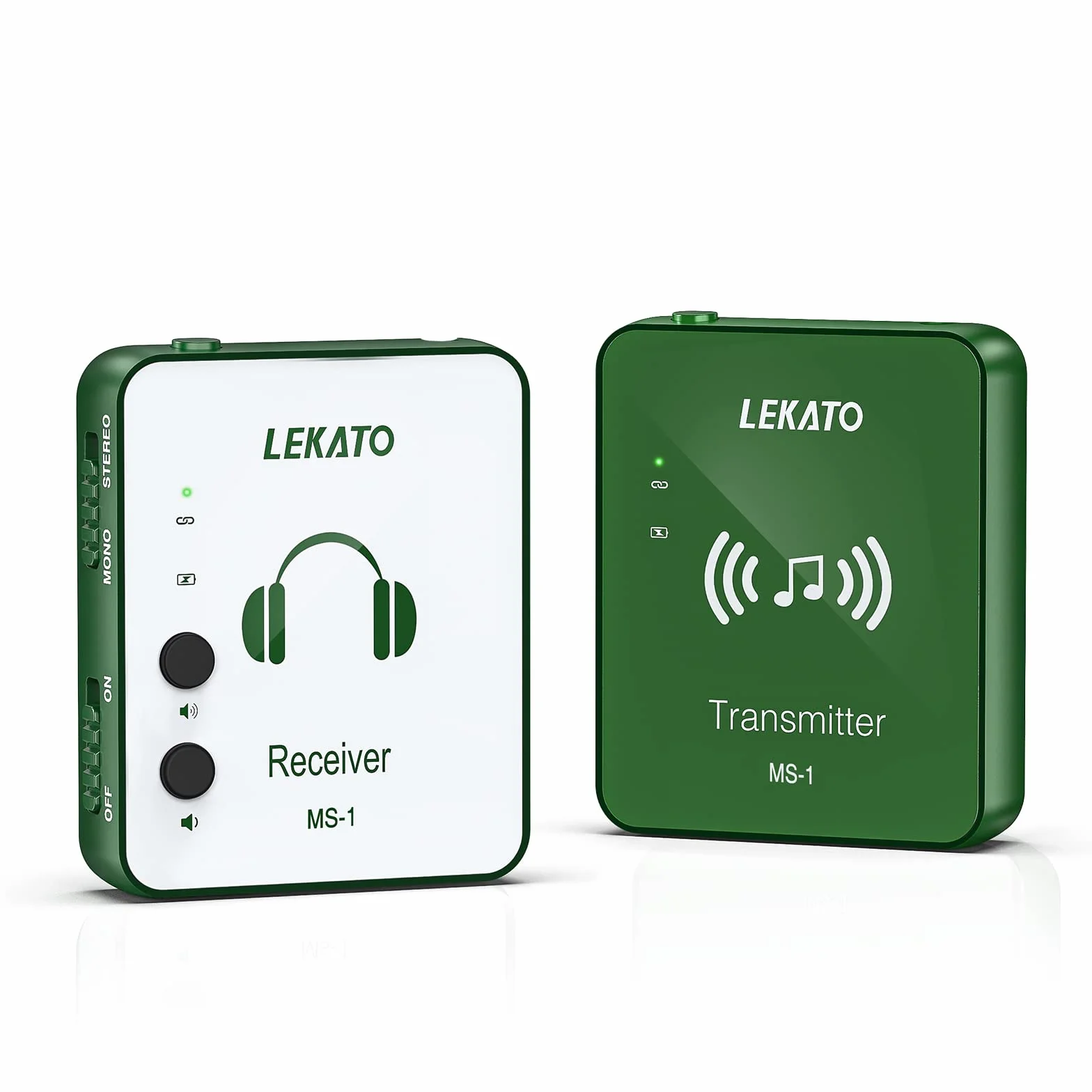 LEKATO MS-1 bezprzewodowy system monitorowania 2,4 G stereo IEM z nadajnikiem, odbiornik, automatyczne parowanie, do studia, prób zespołowych, występów na żywo (zielony)