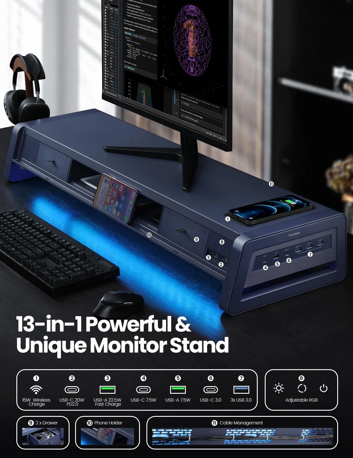 VAYDEER Podpórka pod monitor z 2 monitorami [Multi-USB] [podstawka na telefon komórkowy] [szuflada] [organizer na kable] [4 tryby LED] akcesoria do biurka, do laptopa, komputera, 50 kg (biała)