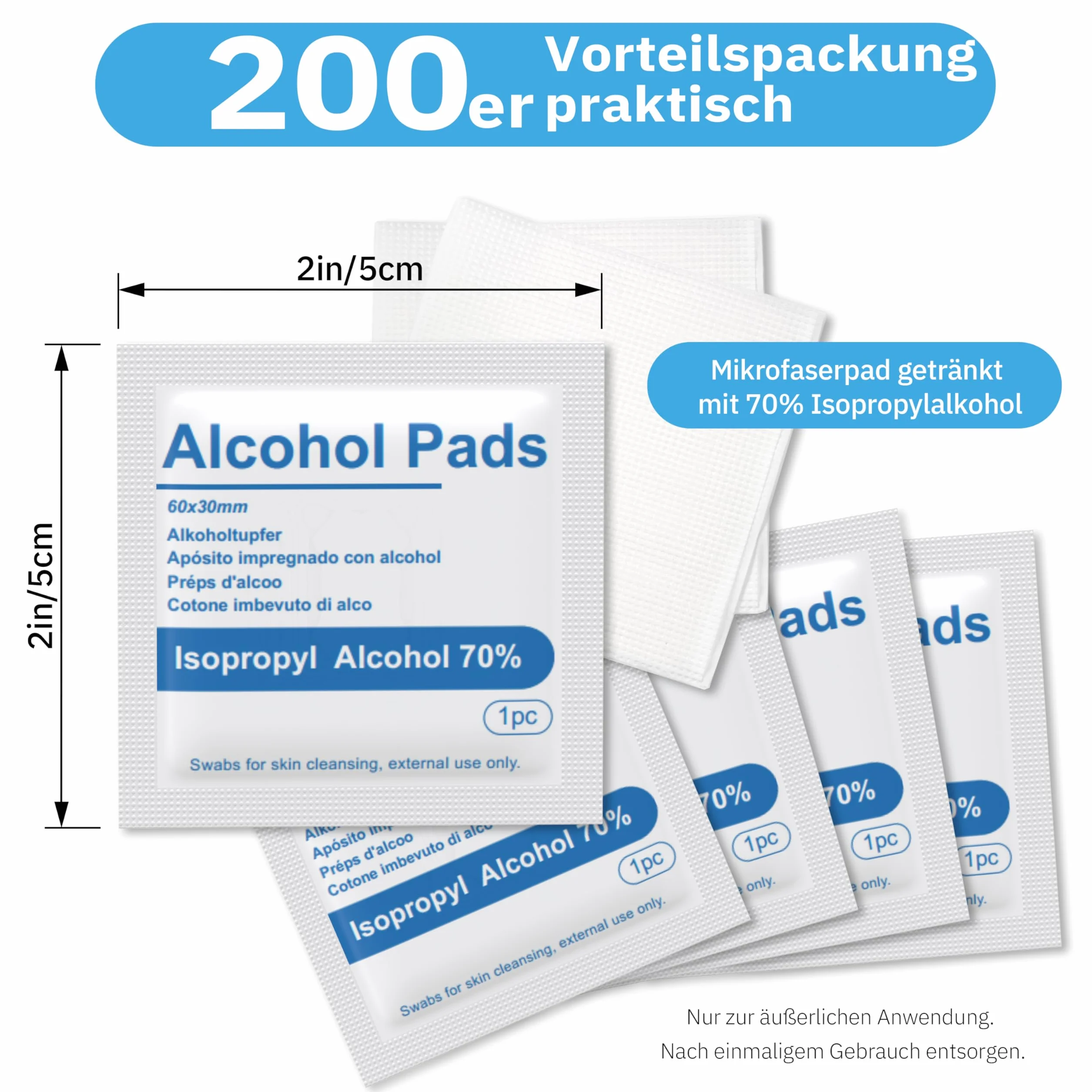 Linkfar Waciki nasączone alkoholem – 70% izopropanolu, chusteczki czyszczące do pielęgnacji skóry, okularów i powierzchni – higienicznie pakowane pojedynczo, 200 sztuk (3 x 6 cm)