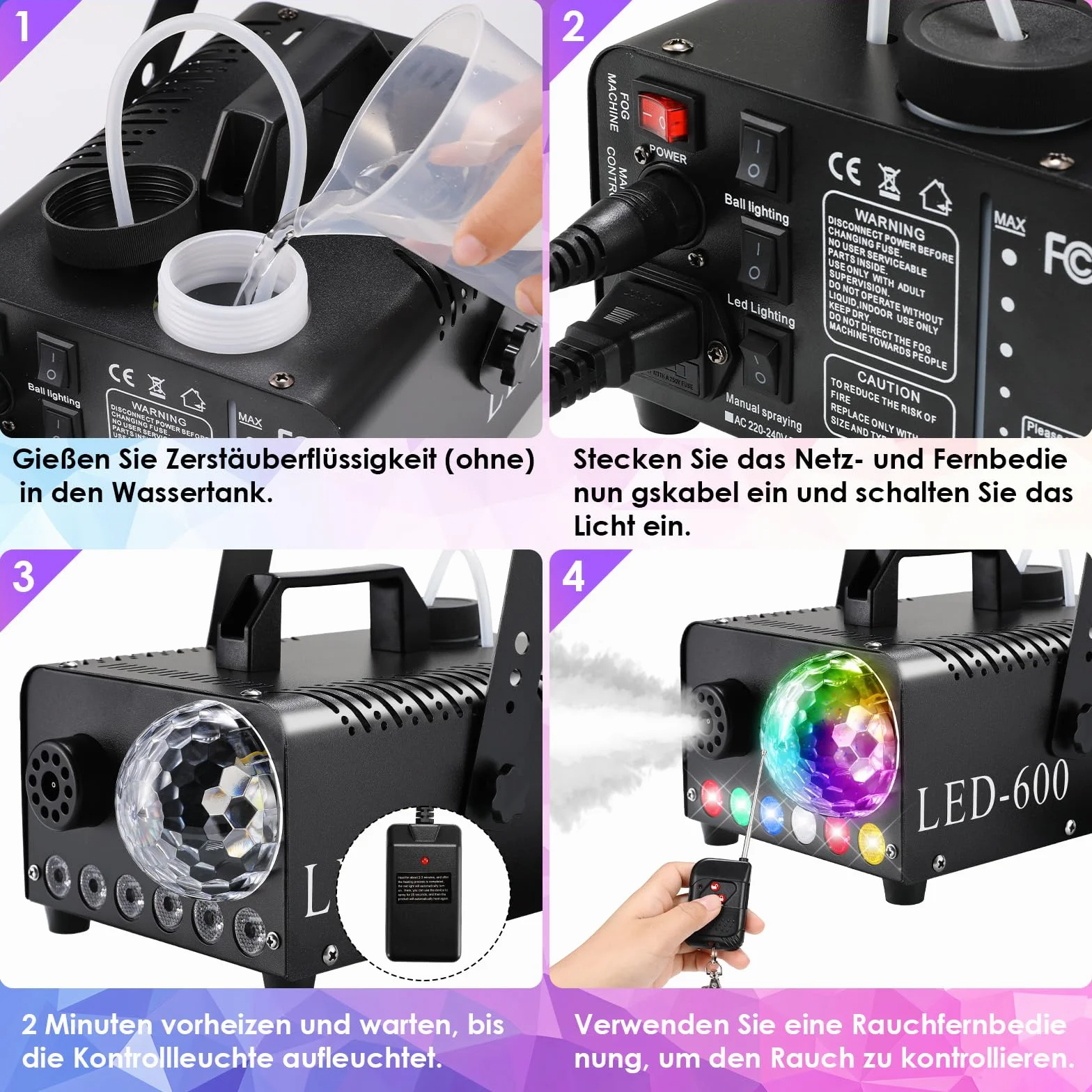 Fog Machine 600W 5000 CFM z Kulą Dyskotekową 6 LED RGB, Wytwornica Dymu