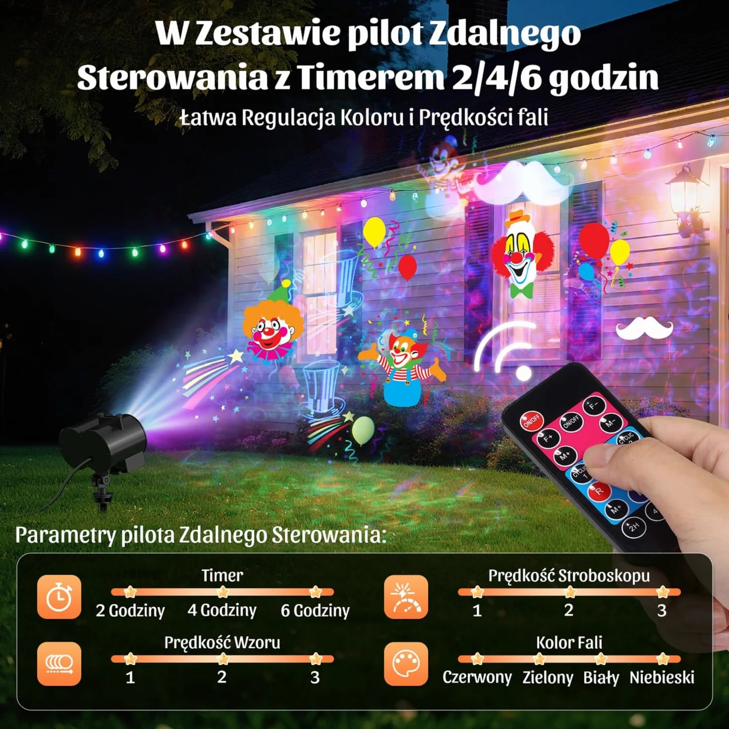 OUSFOT Projektor na Halloween, 16 Slajdów, Projektor Zewnętrzny z Pilotem, 4-Kolorowe Fale Wodne, na Halloween, Urodziny, Imprezę, Sylwestra, Prezent