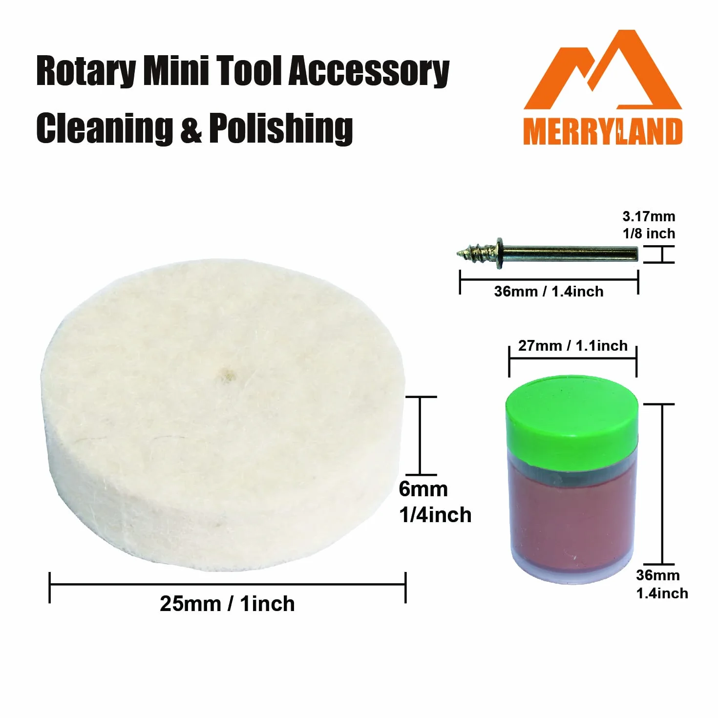 Merryland Filcowa Tarcza Polerska Do Dremel 125szt, Tarcza Polerska 25mm 120szt Element Polerujący 1szt I Trzpień 4szt, Zestaw Akcesoriów Do Narzędzi Obrotowych Elektronarzędzie DIY, RMTA125C1