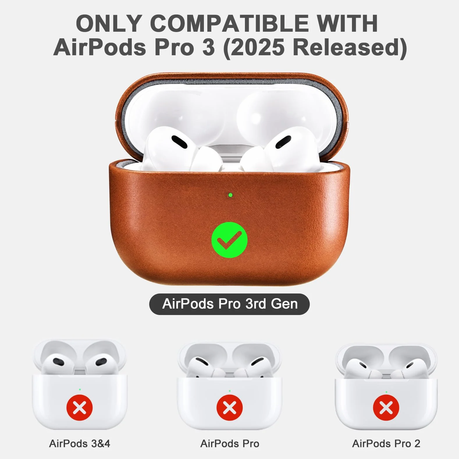 Etui z skóry na AirPods Pro 3 2025, ICARER Premium Etui ochronne z prawdziwej skóry o odporności na wstrząsy do etui ładowarki słuchawk Apple AirPods Pro 3 z obsługą ładowarki bezprzewodowej-Brązowy