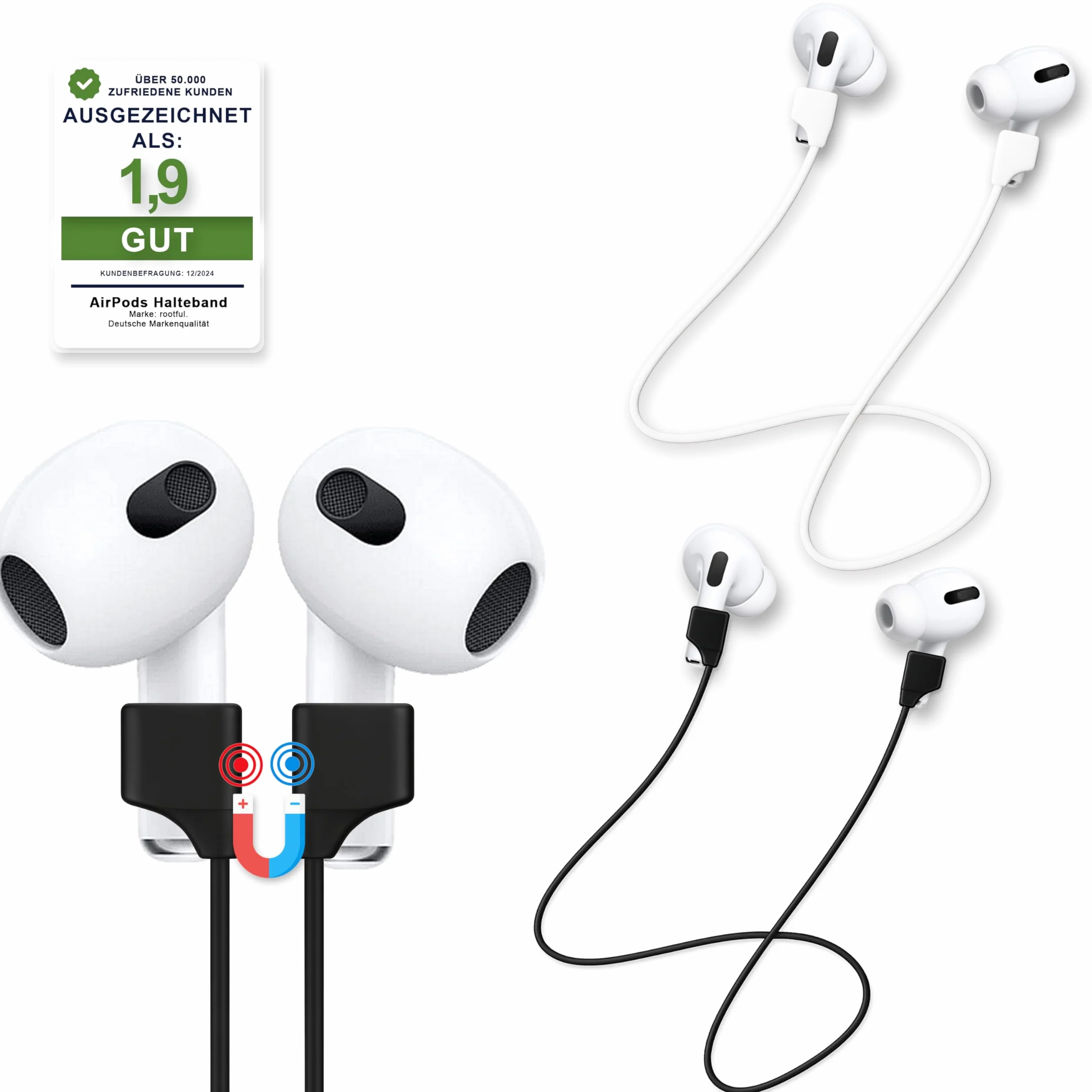 rootful.® 2-częściowy zestaw magnetycznych silikonowych pasków, kompatybilnych z Apple AirPods (1–4) i AirPods Pro (1–2) – niezawodne akcesorium do sportu i podróży