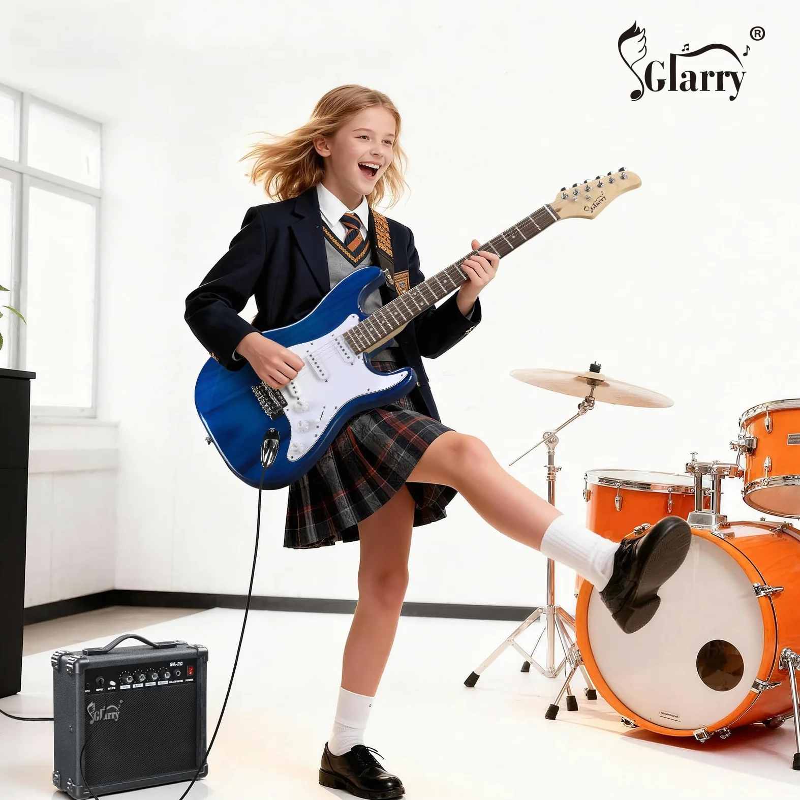 GLARRY Wzmacniacz do gitary elektrycznej, przenośny wzmacniacz lampowy do gitary z wejściem słuchawkowym MP3, wzmacniacz gitarowy 20 W, akcesoria głośnikowe z kontrolami basu, głośności, wysokich i