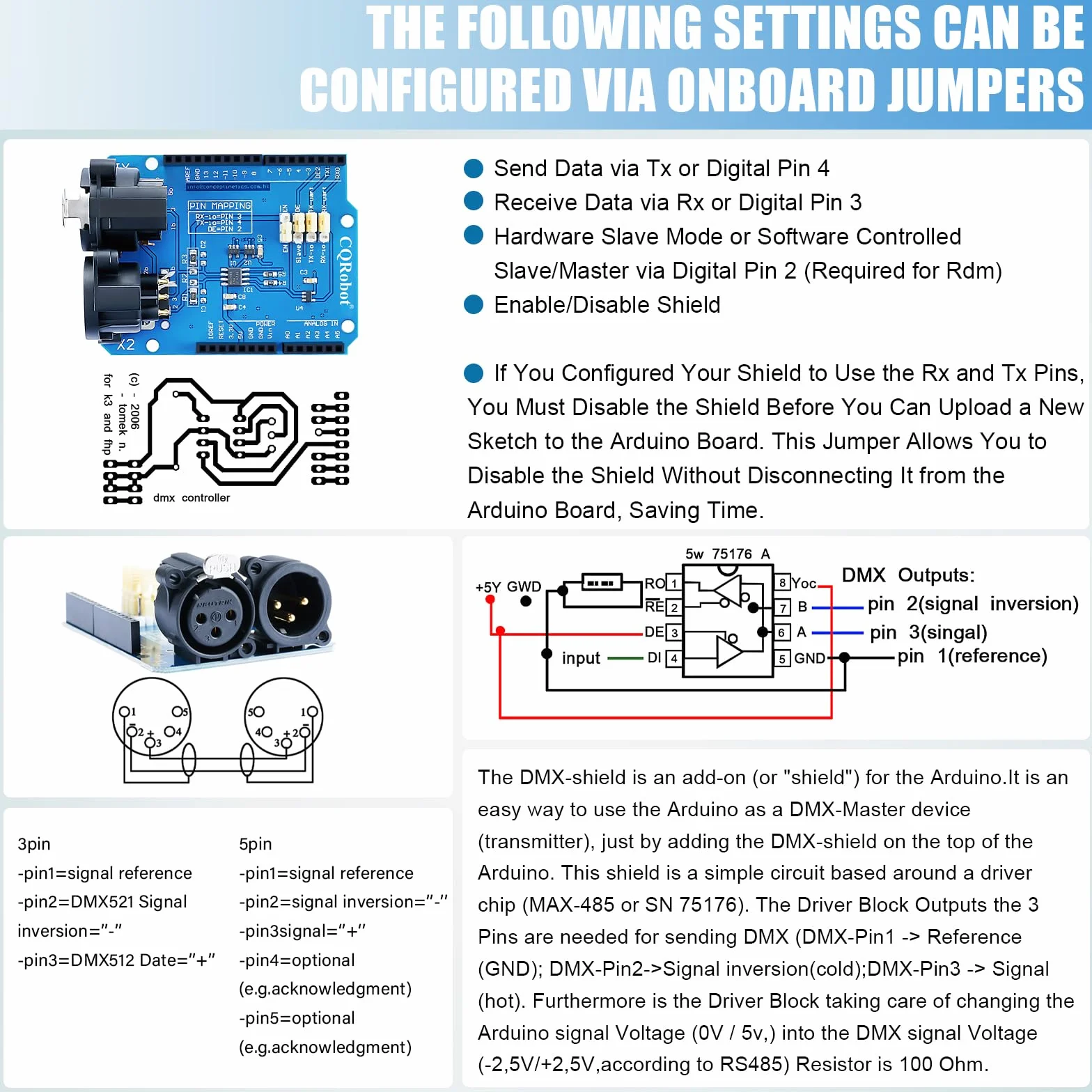 Chipset CQRobot DMX Tarcza MAX485 Kompatybilny z płytą Arduino (RDM Capable), Urządzenie Into DMX512 Network, LED/Music Zdalne zarządzanie urządzeniem, Extended DMX Master.