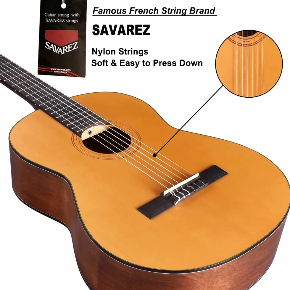Winzz Gitara koncertowa dla dorosłych 4/4, masywny sufit, wysokiej jakości gitara klasyczna dla początkujących i profesjonalistów, gitara klasyczna 4/4, zestaw dla początkujących (90 cm, pełny