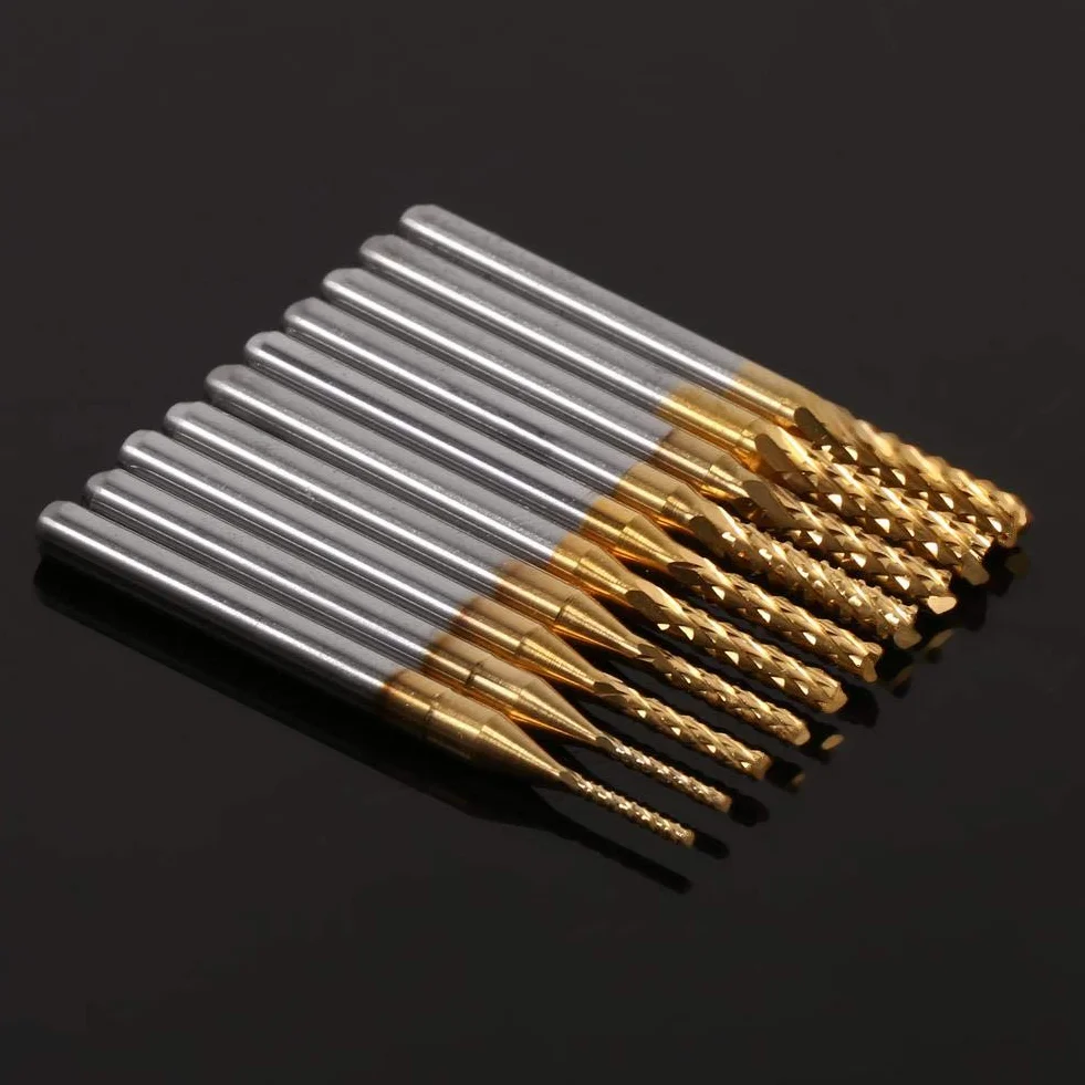 Frez trzpieniowy z węglika spiekanego, 10-częściowy frez trzpieniowy powlekany tytanem, narzędzia frezujące CNC z twardego metalu – 1,0 – 3,0 mm