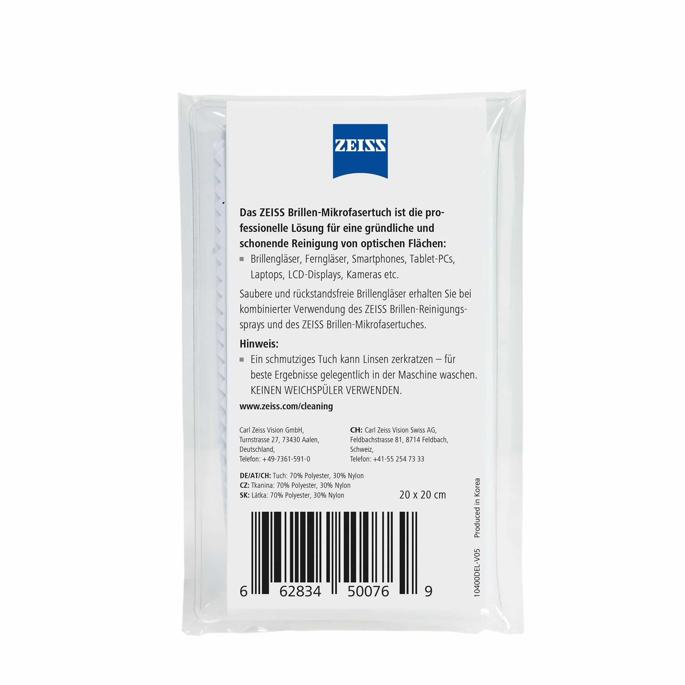 ZEISS Ściereczka z mikrofibry do czyszczenia na sucho lub w połączeniu z sprayami do czyszczenia okularów, nadaje się do prania w pralce, idealna do okularów, smartfonów, tabletów lub wyświetlaczy LCD