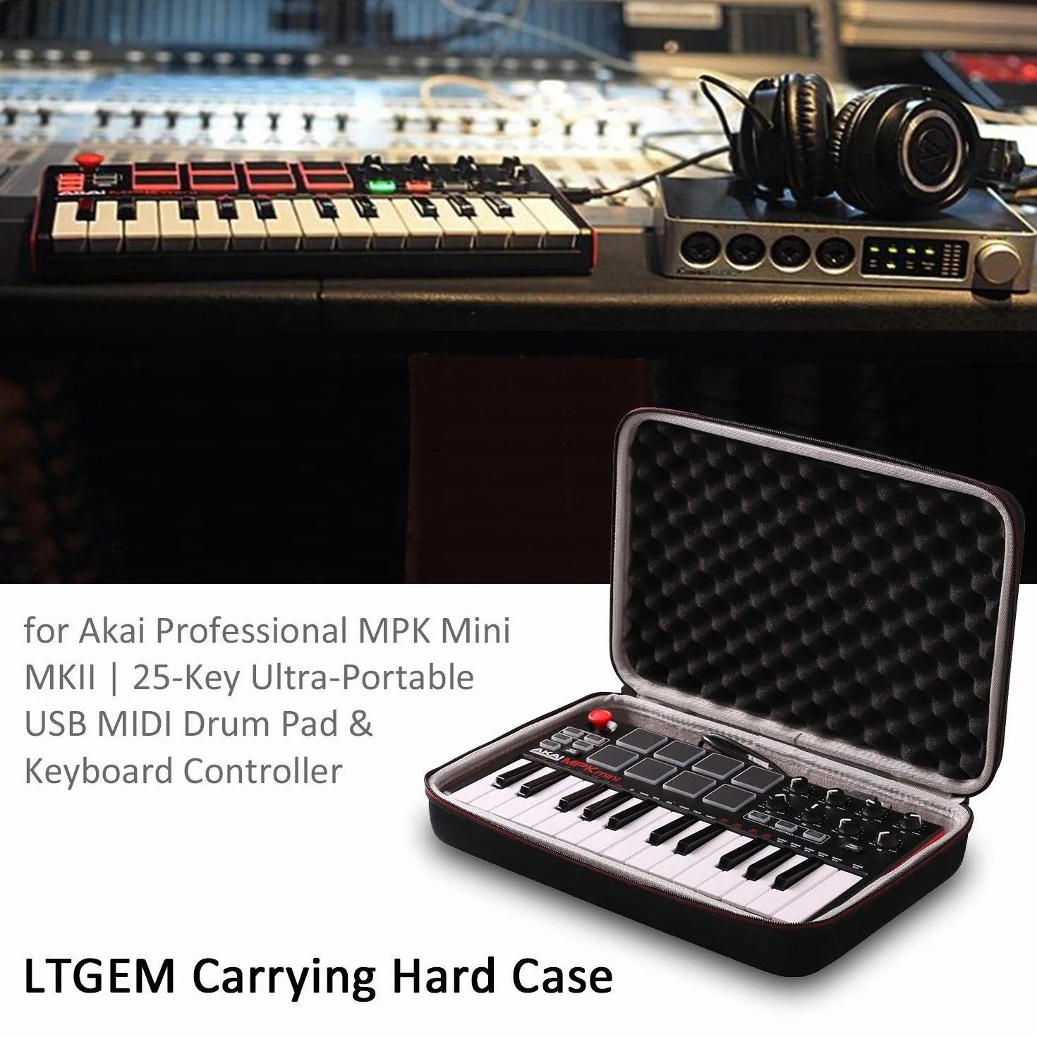 LTGEM Twarda torba transportowa do Akai Professional MPK Mini MKII & MK3 & MPK Mini Play | 25 klawiszy USB i kontroler klawiatury