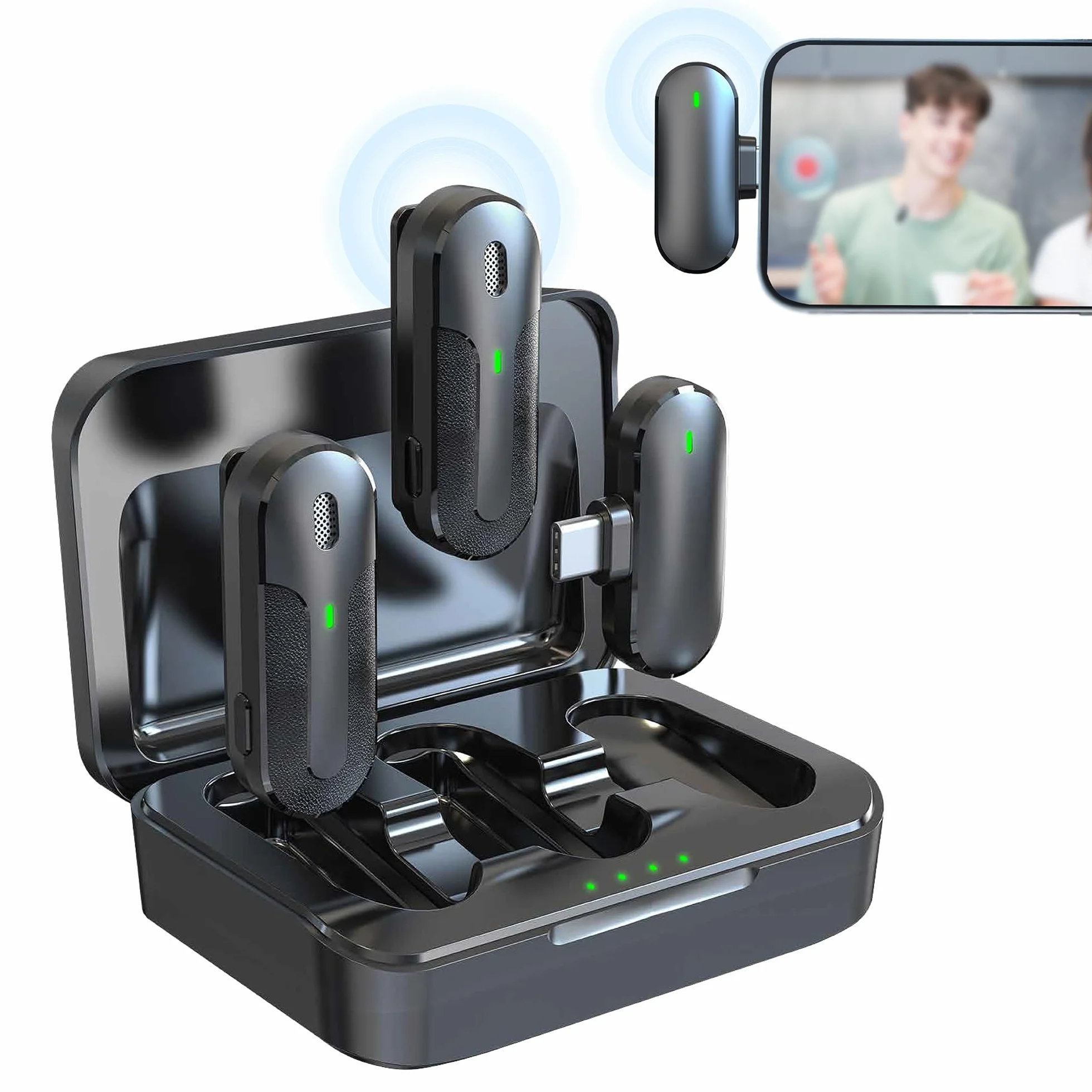 Technaxx Podwójny bezprzewodowy mini mikrofon TX-301 – 2 bezprzewodowe mikrofony krawatowe z inteligentną redukcją szumów, odbiornik USB-C, etui ładujące, klips - idealny do podcastów i nagrywania
