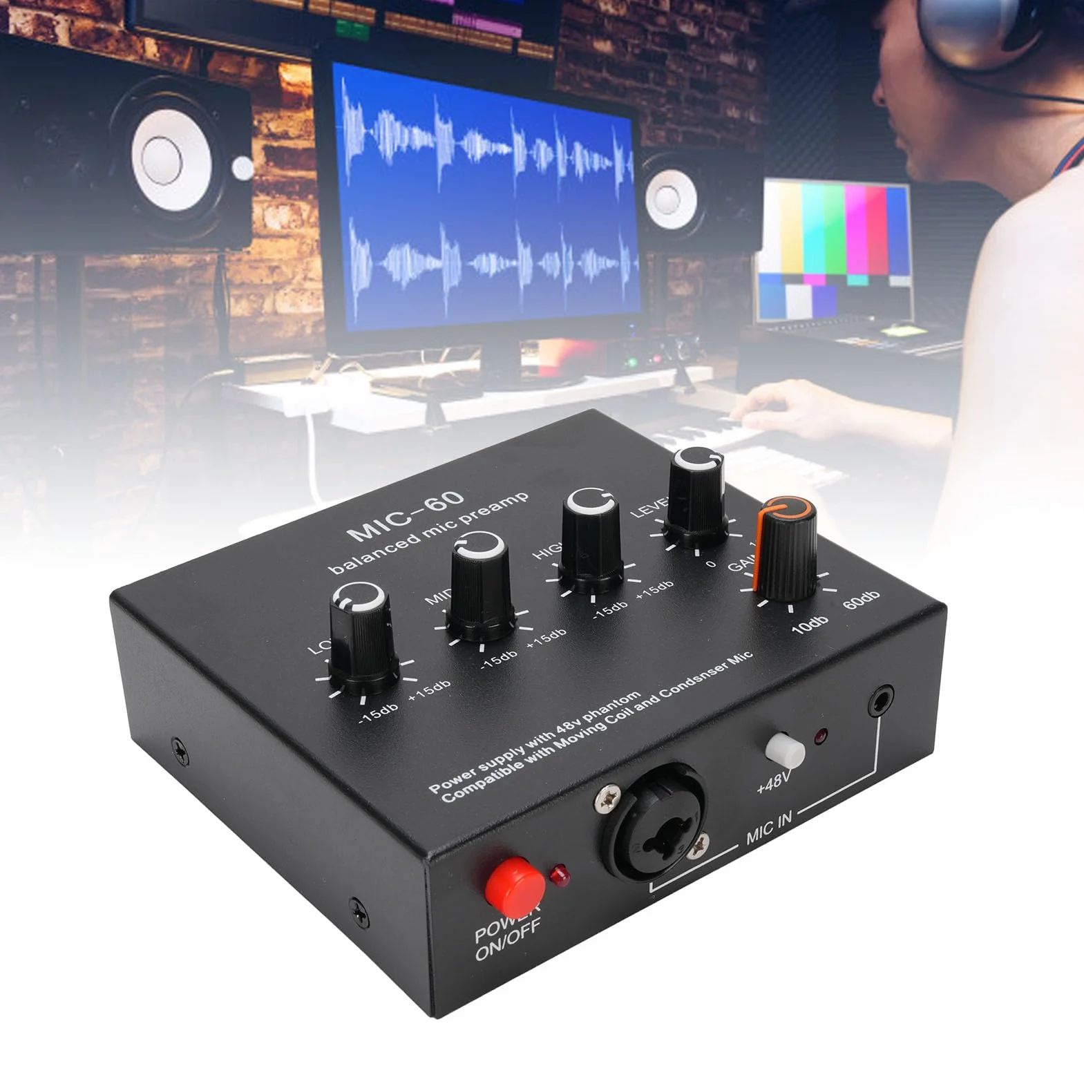 Przedwzmacniacz mikrofonowy 48 V XLR 3,5 mm 6,35 mm do mikrofonów dynamicznych i kondensatorowych z kablem XLR