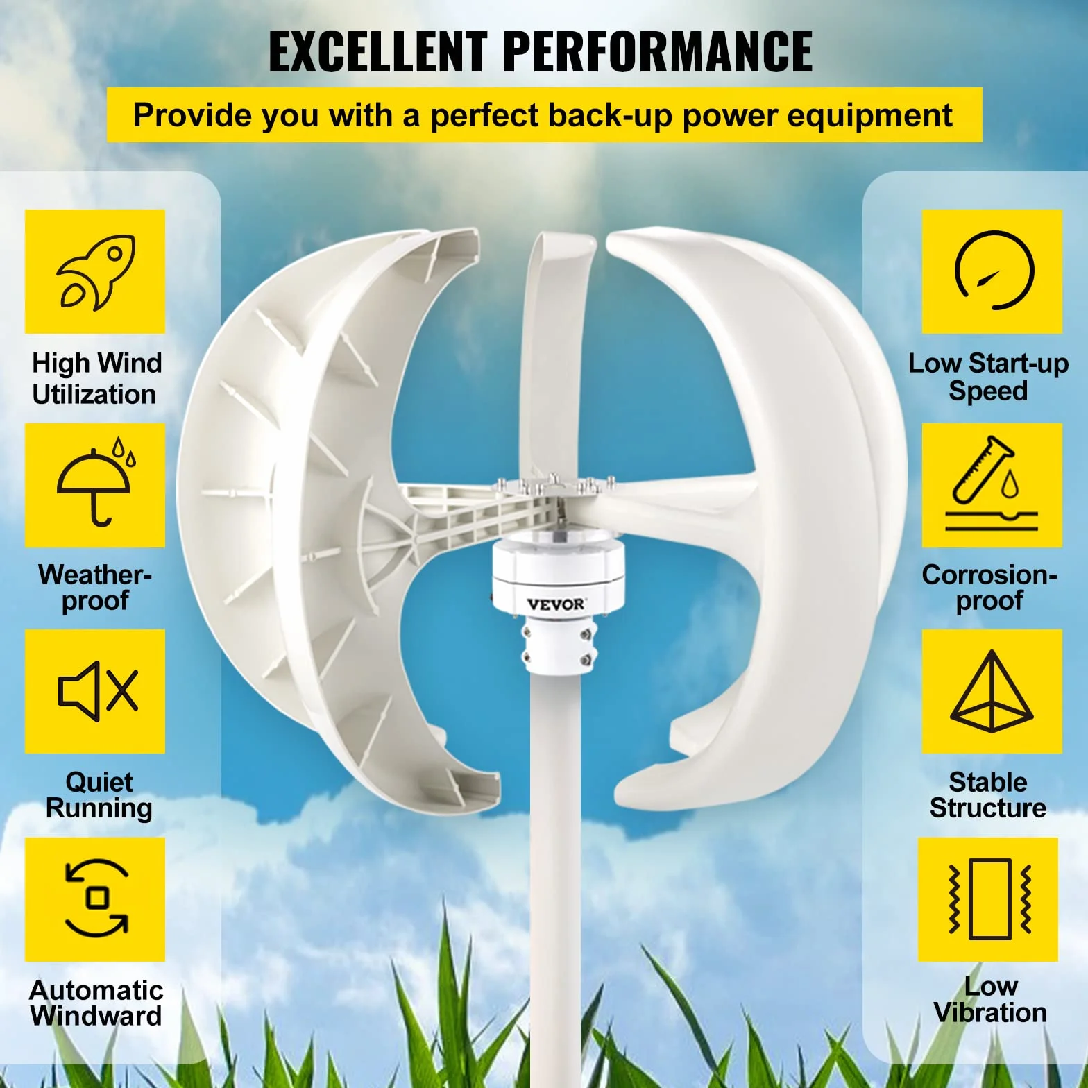 VEVOR Generator wiatrowy, 600 W, 12 V, z turbiną słoneczną, przenośną latarnią