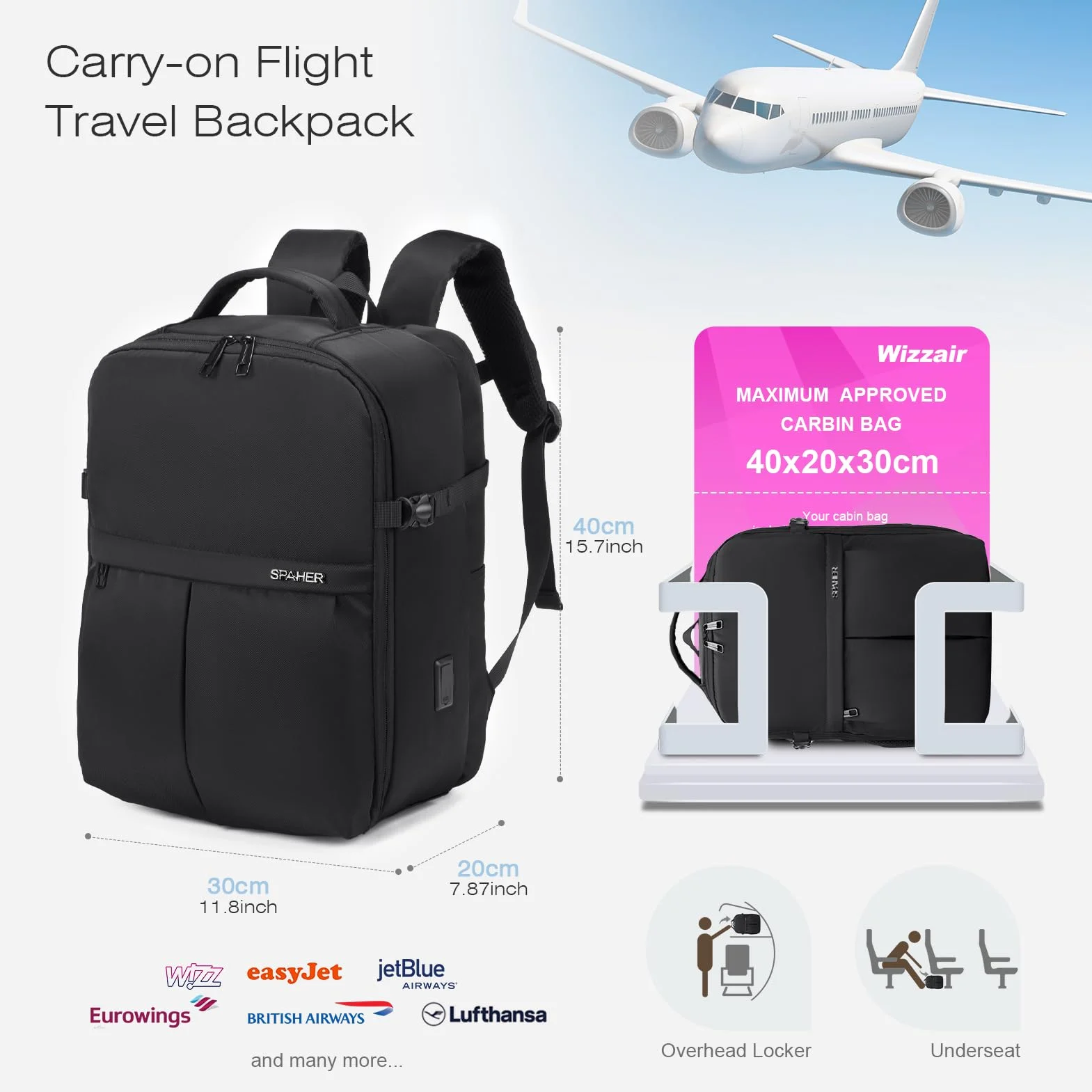SPAHER Plecak podróżny kabiny samolotu 40 x 20 x 30 cm Wizzair Vueling Plecak na laptopa 15,6 Mężczyzna Duży plecak antykradzieżowy Kobieta Wodoodporny Bagaż podręczny Easyjet Plecak szkolny 25L